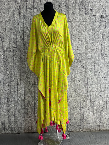 Stitched Sateen Silk Turkish Karanfil Kaftan in Lime Green
