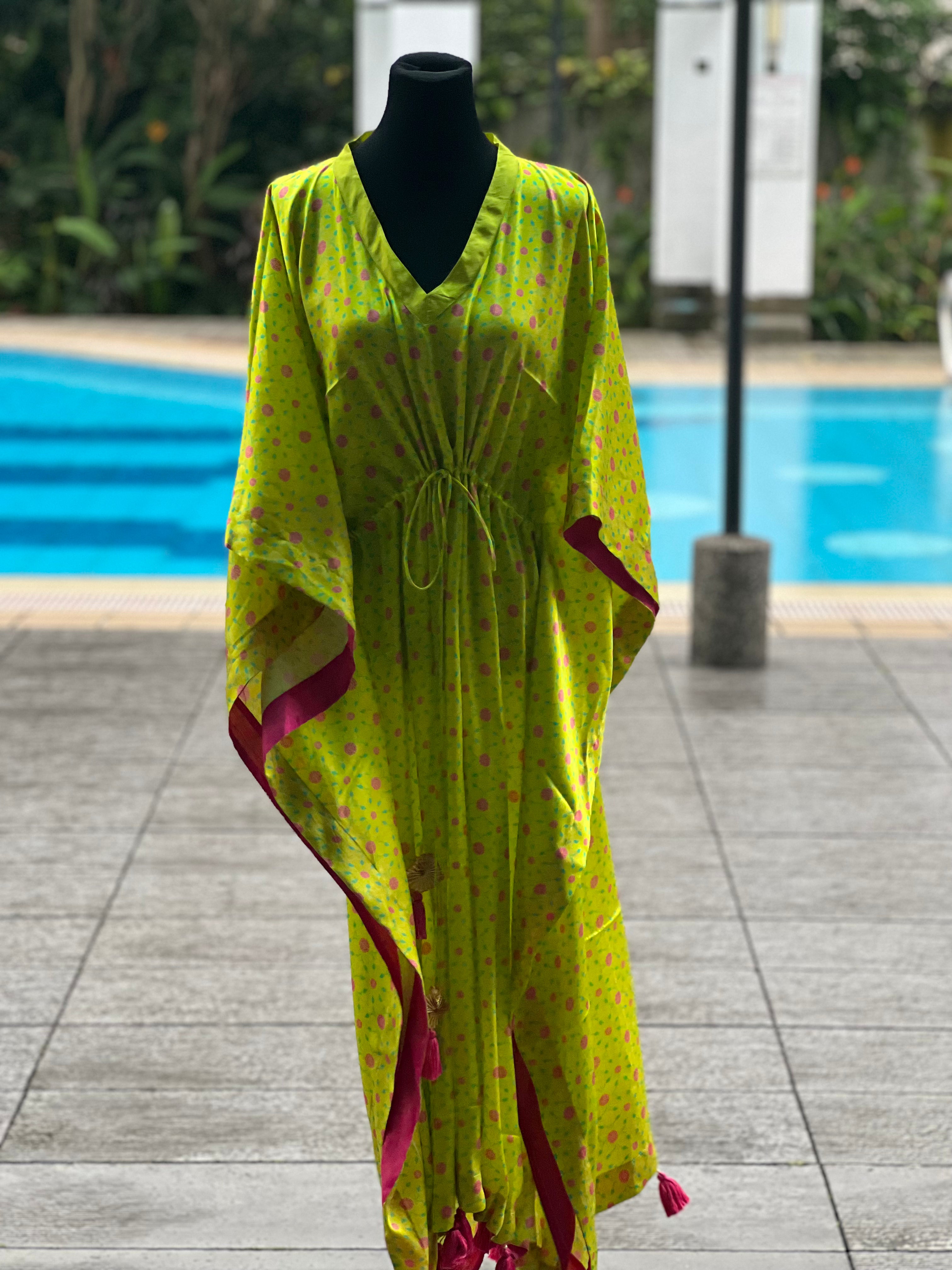 Stitched Sateen Silk Turkish Karanfil Kaftan in Lime Green