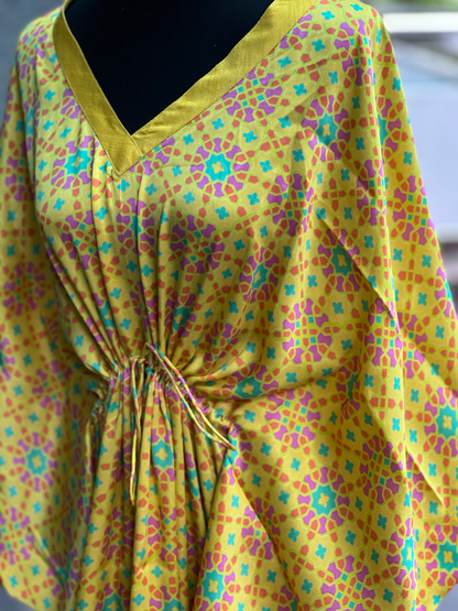 Stitched Sateen Silk Turkish Nilufer Kaftan in Marigold Yellow