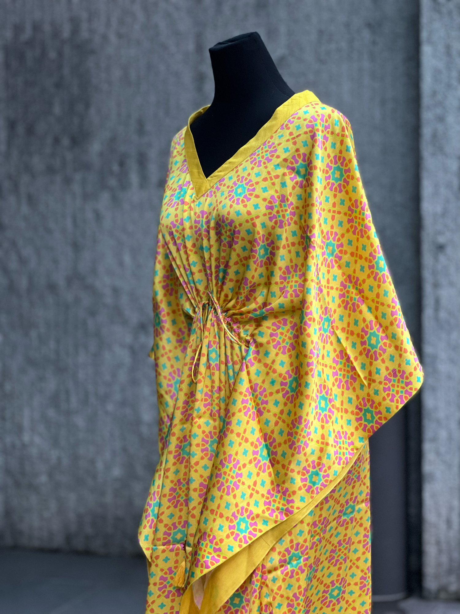 Stitched Sateen Silk Turkish Nilufer Kaftan in Marigold Yellow