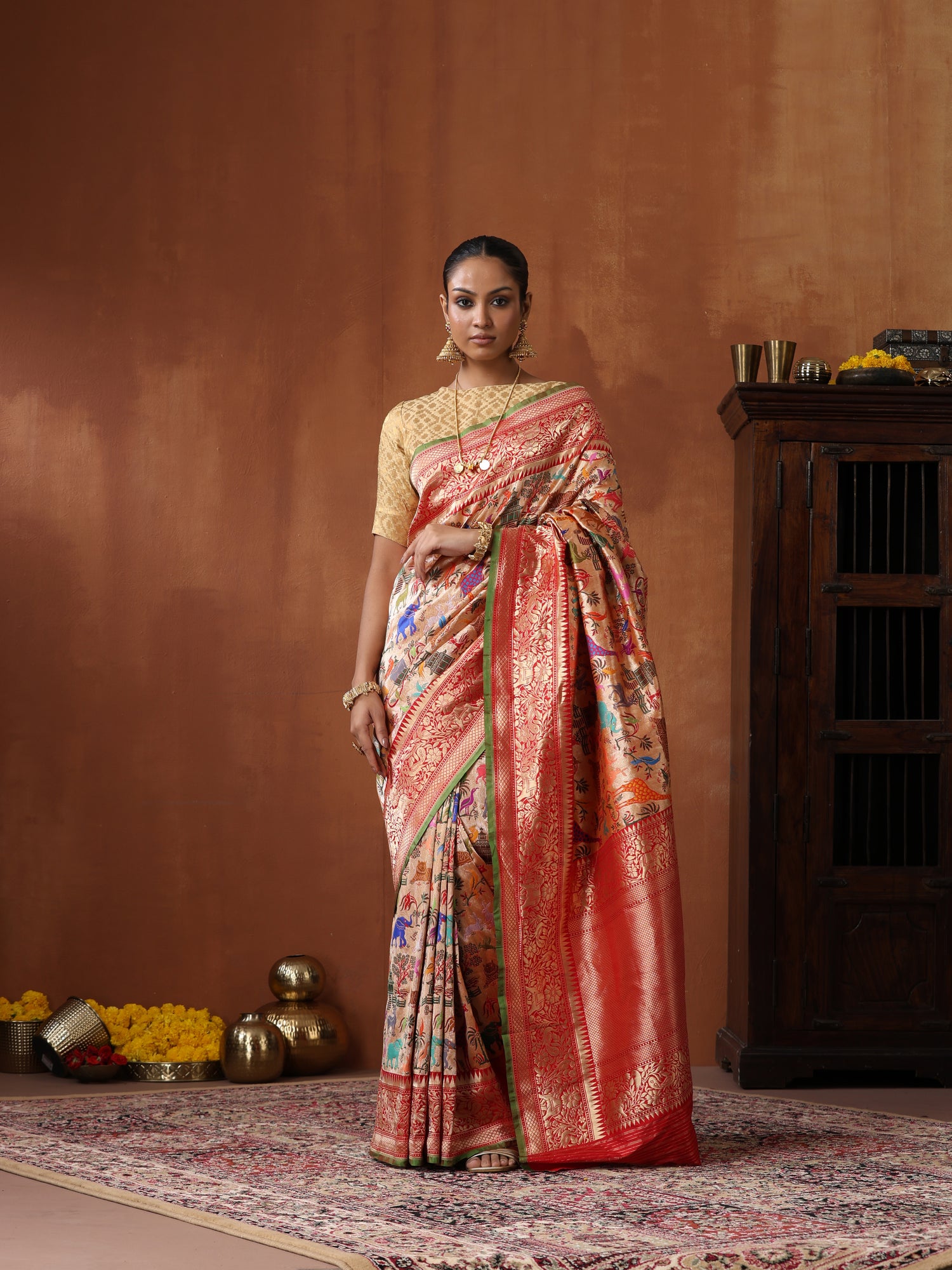 Handwoven Banarasi Katan Silk Kadwa Shikargah Saree