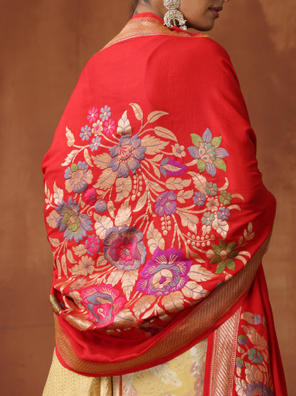 Handwoven Banarasi Georgette Dupatta with Floral Meenakari