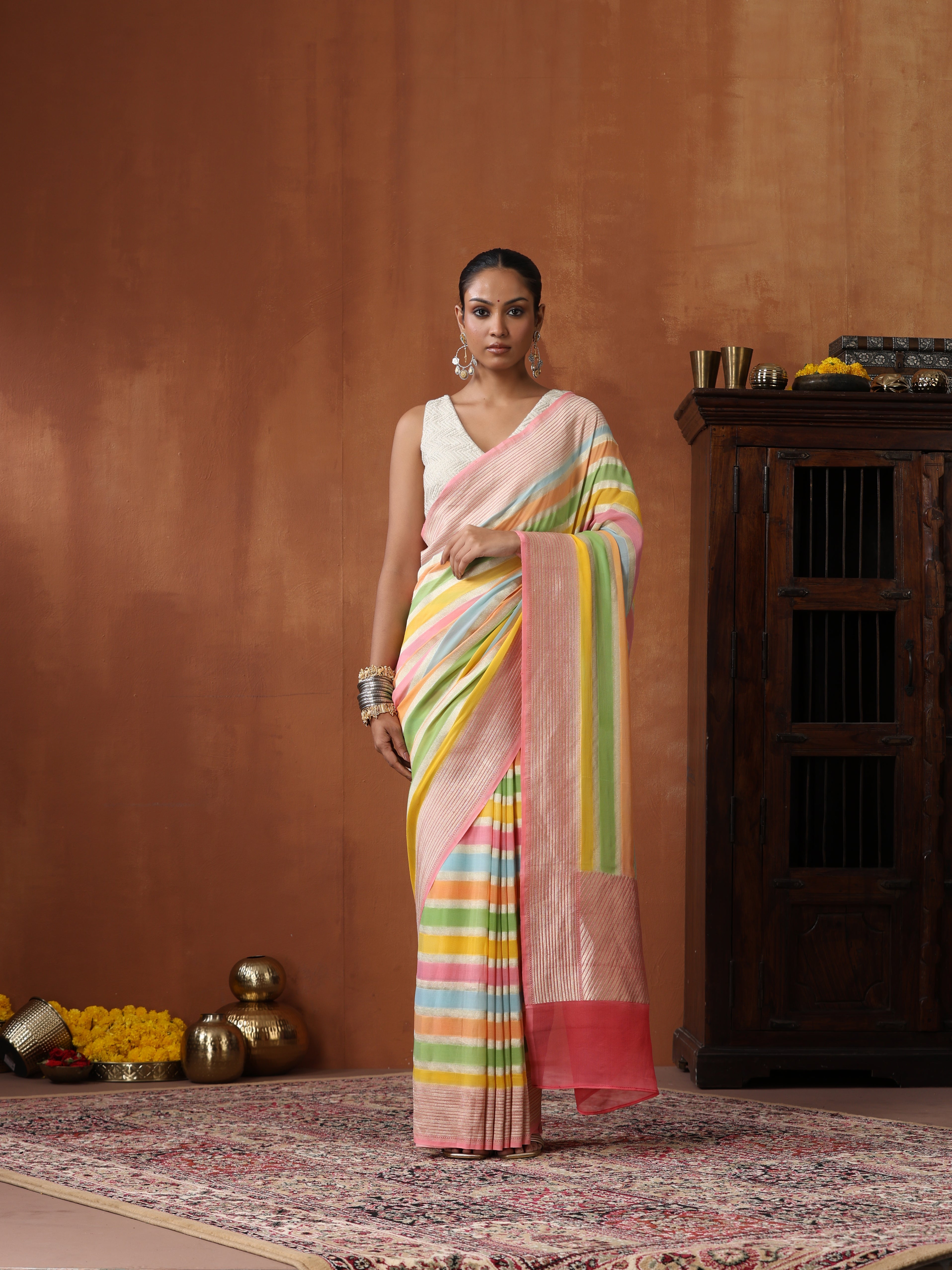 Pure Georgette Handloom Stripes Banarasi Saree