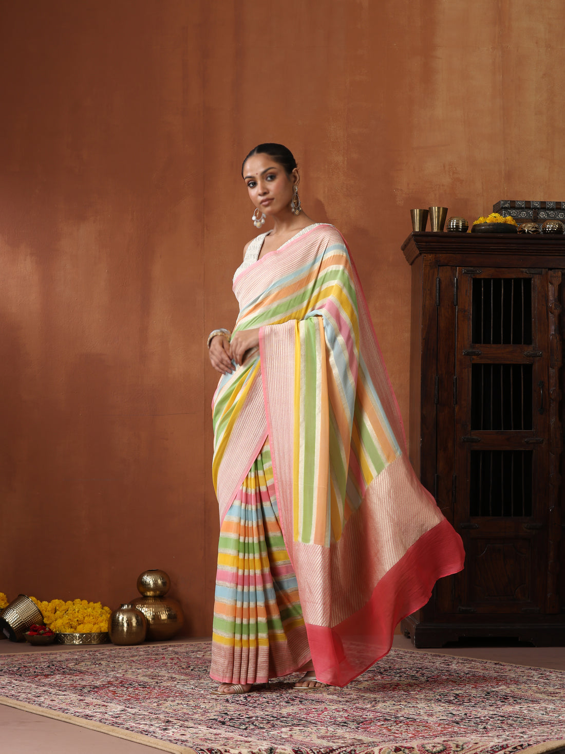 Pure Georgette Handloom Stripes Banarasi Saree