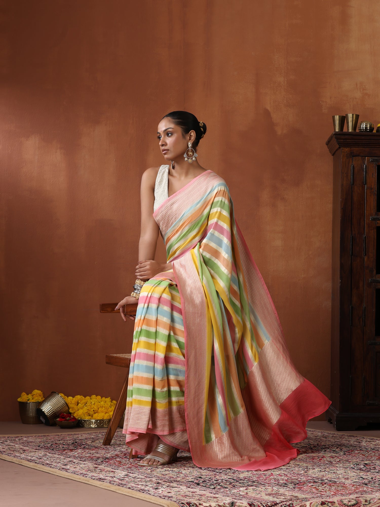 Pure Georgette Handloom Stripes Banarasi Saree