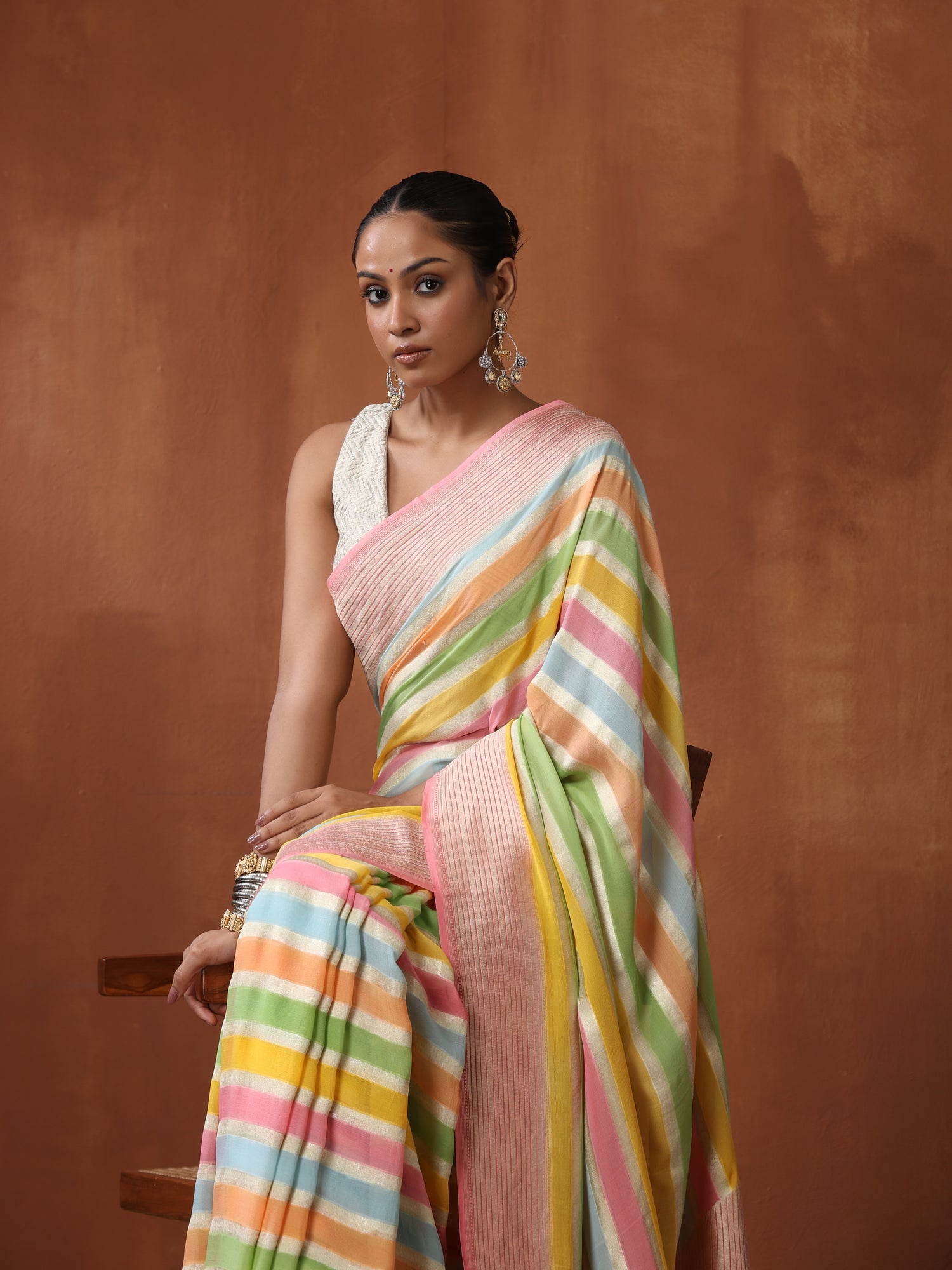 Pure Georgette Handloom Stripes Banarasi Saree