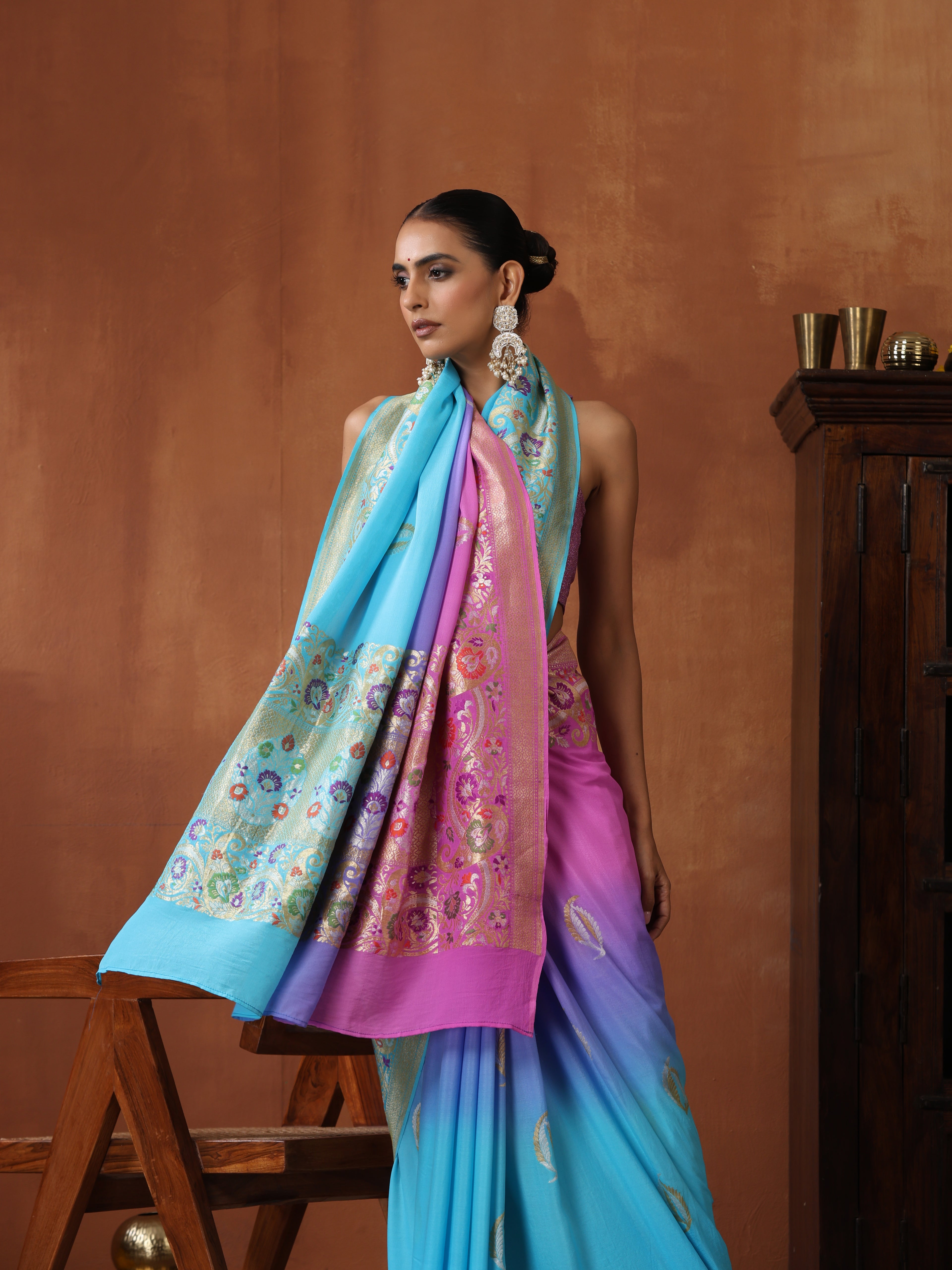 Handloom Banarasi Georgette Saree with Floral Meenakari