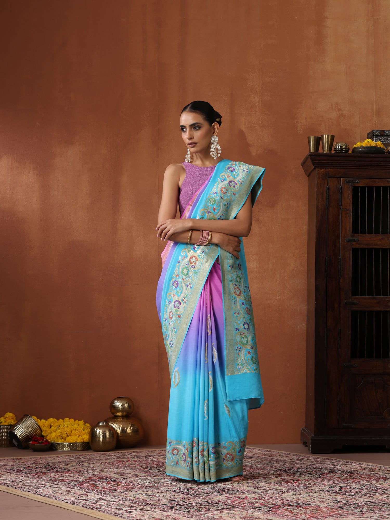 Handloom Banarasi Georgette Saree with Floral Meenakari