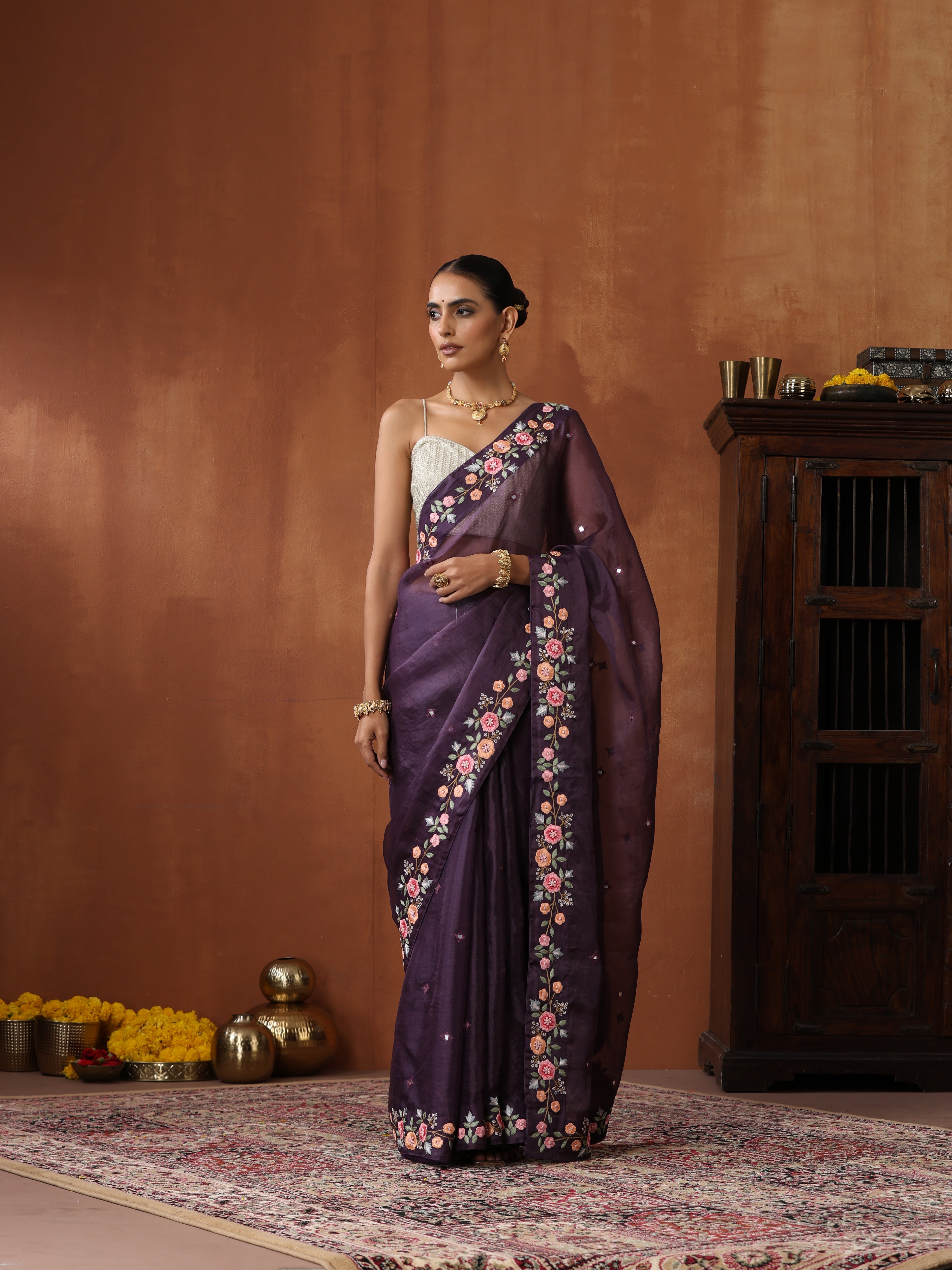 Handwoven Pure Georgette Organza Embroidery Saree