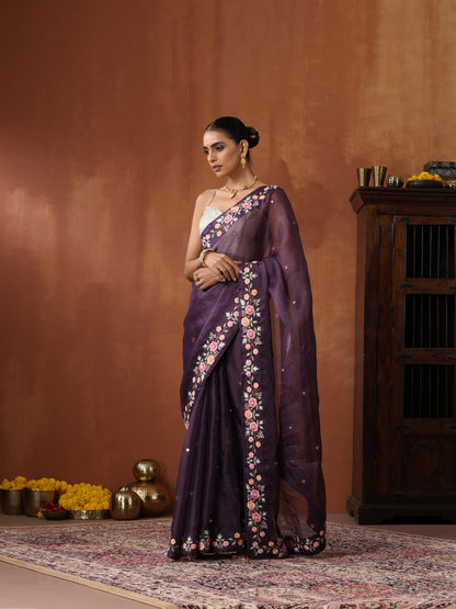 Handwoven Pure Georgette Organza Embroidery Saree