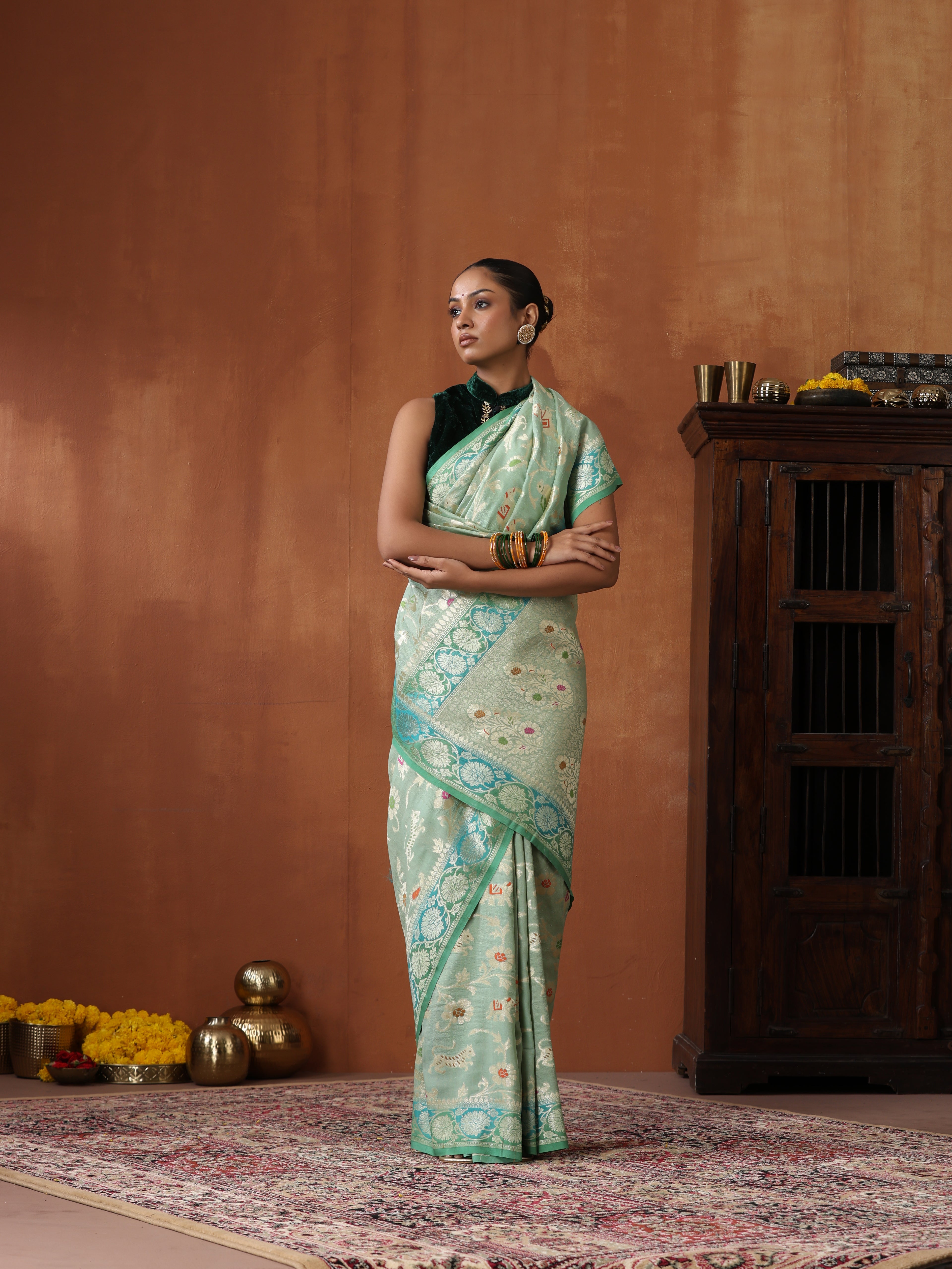 Handloom Banarasi  Tussar Silk Meenakari Shikargah Saree