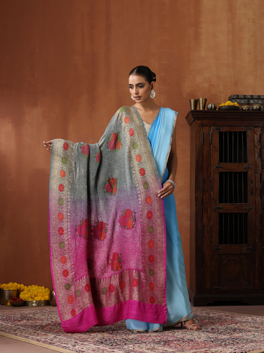 Handloom Banarasi Tussar Silk Rose Bandhani Dupatta