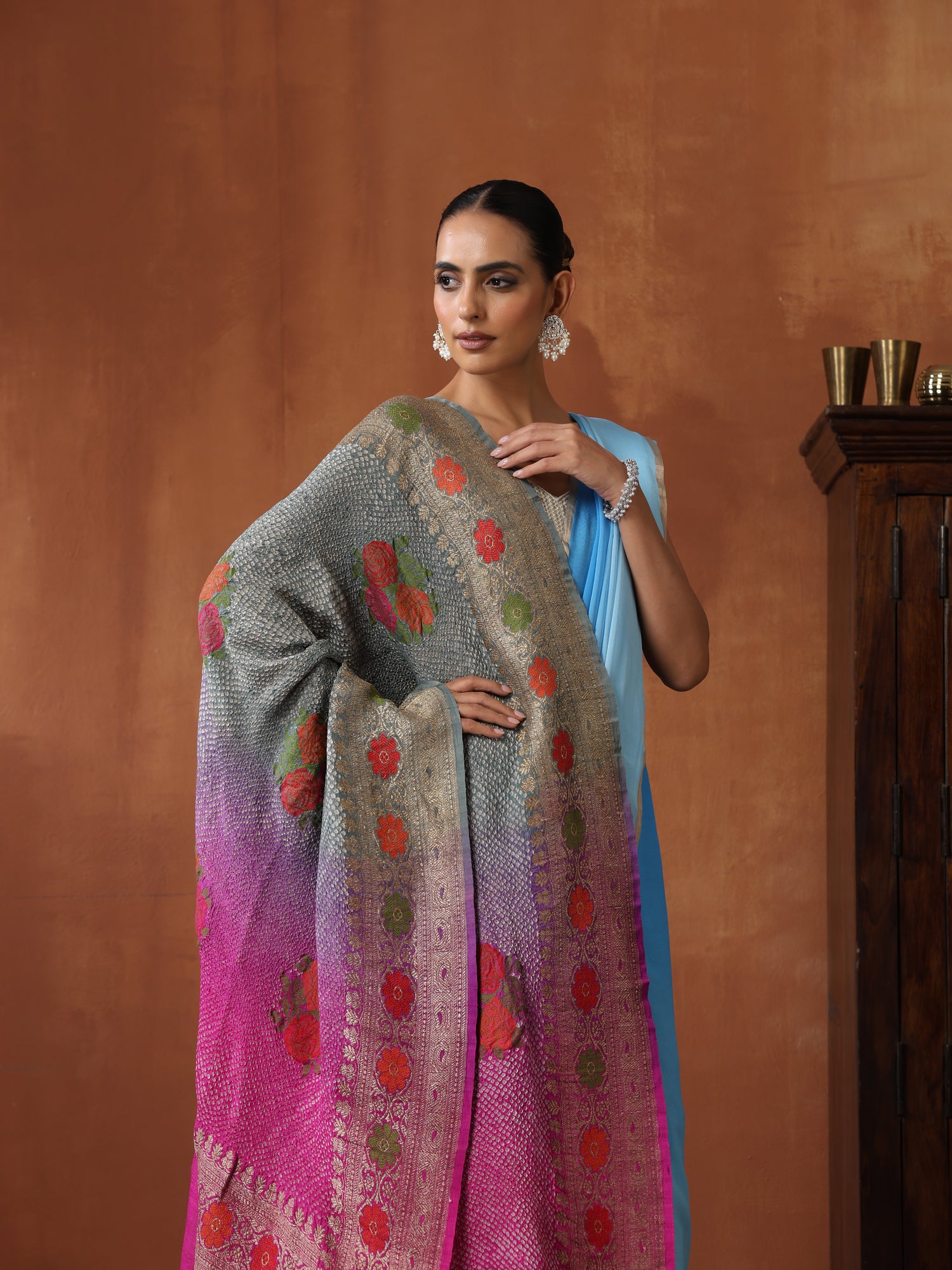 Handloom Banarasi Tussar Silk Rose Bandhani Dupatta