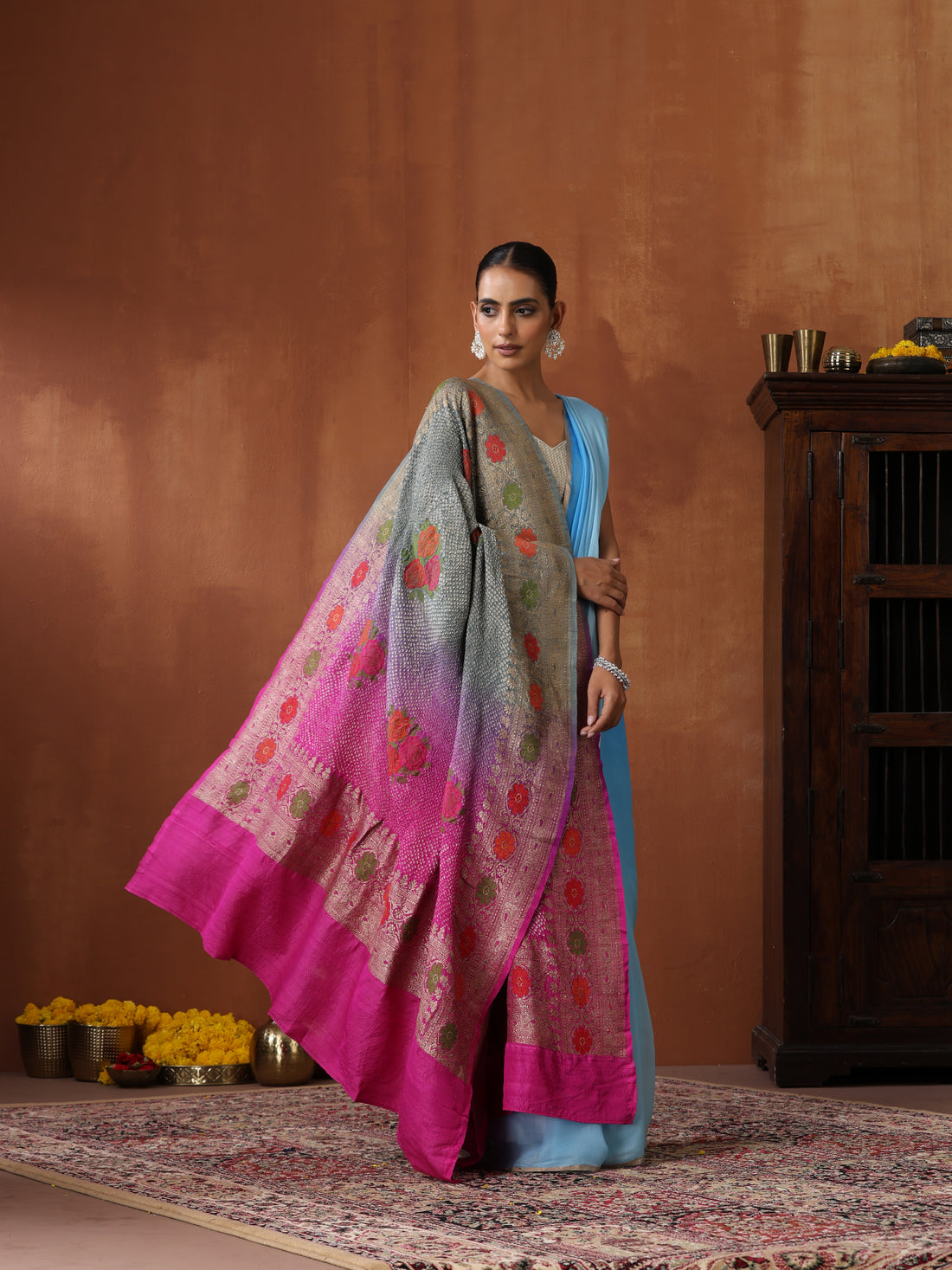 Handloom Banarasi Tussar Silk Rose Bandhani Dupatta