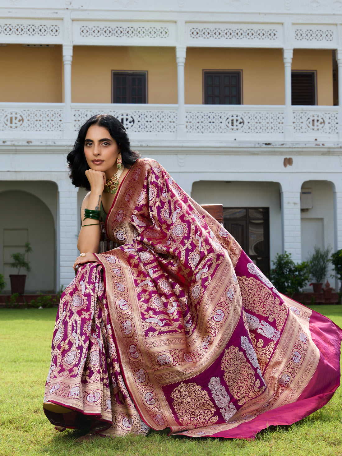 Handwoven Banarasi Katan Silk Shikargah Saree in Purple