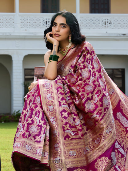 Handwoven Banarasi Katan Silk Shikargah Saree in Purple