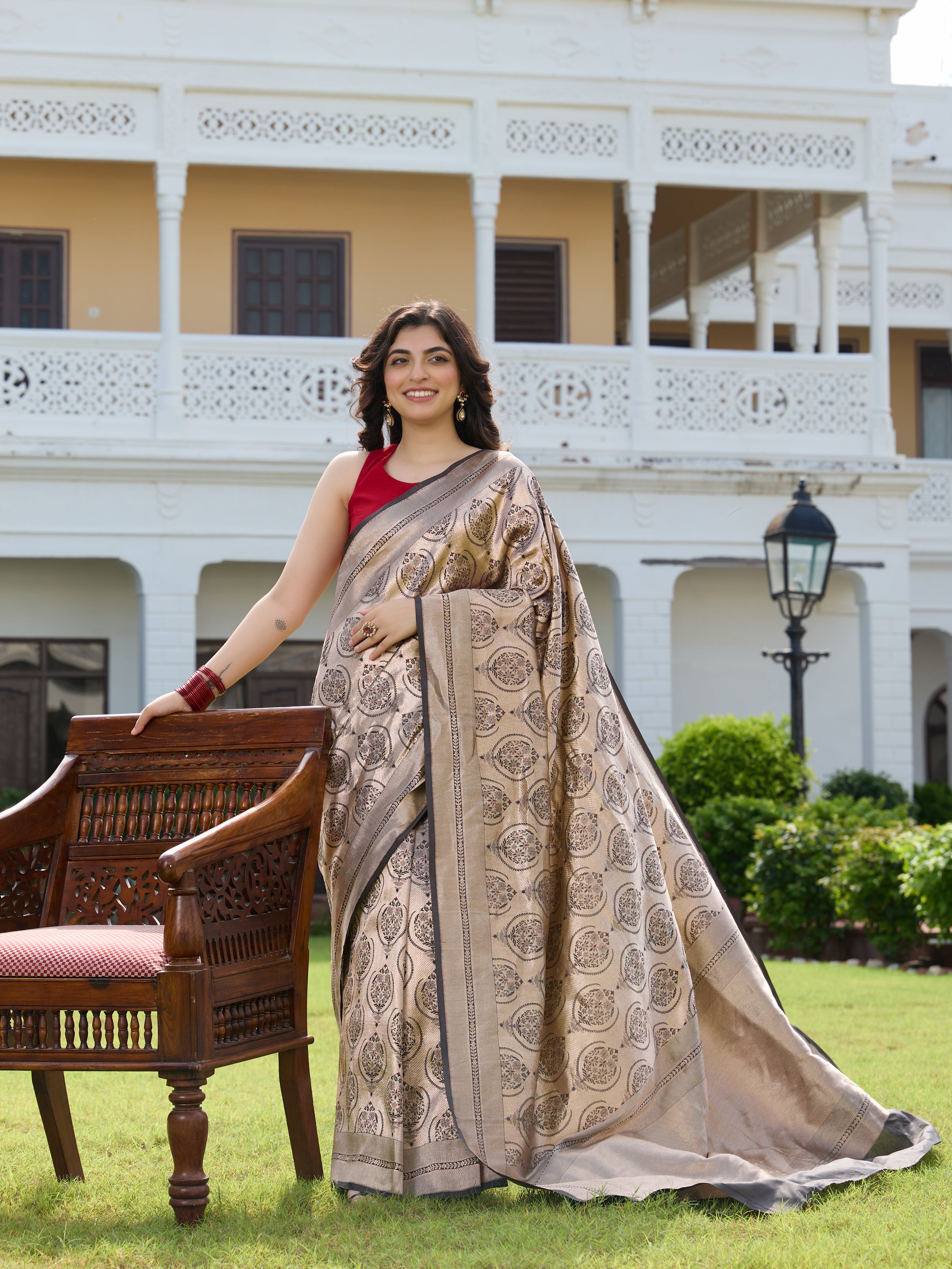 Handwoven Banarasi Katan Silk Brocade Saree in Antique Gold