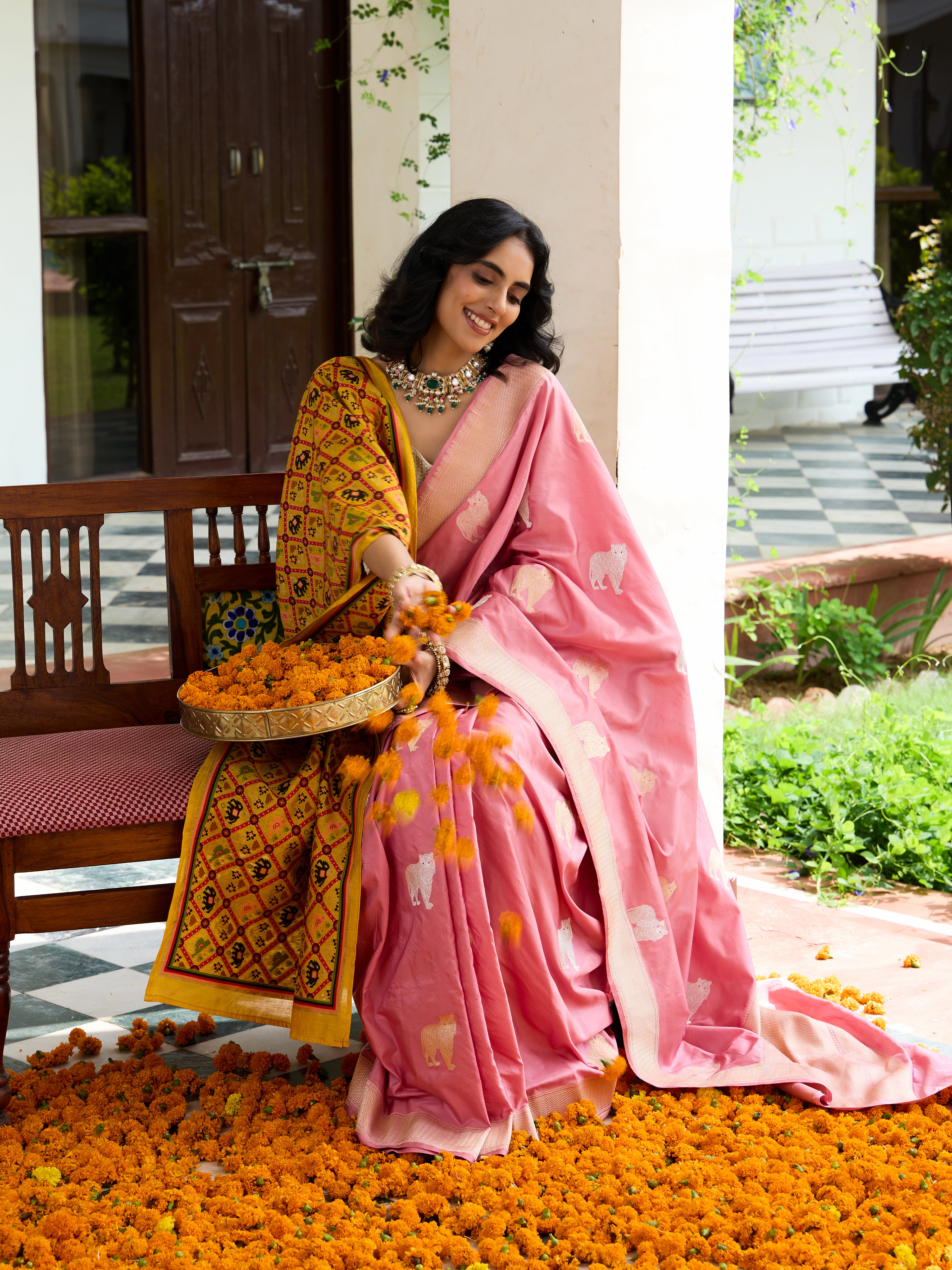 Handwoven Banarasi Katan Silk Zarmrig Kadwa Saree in Pink