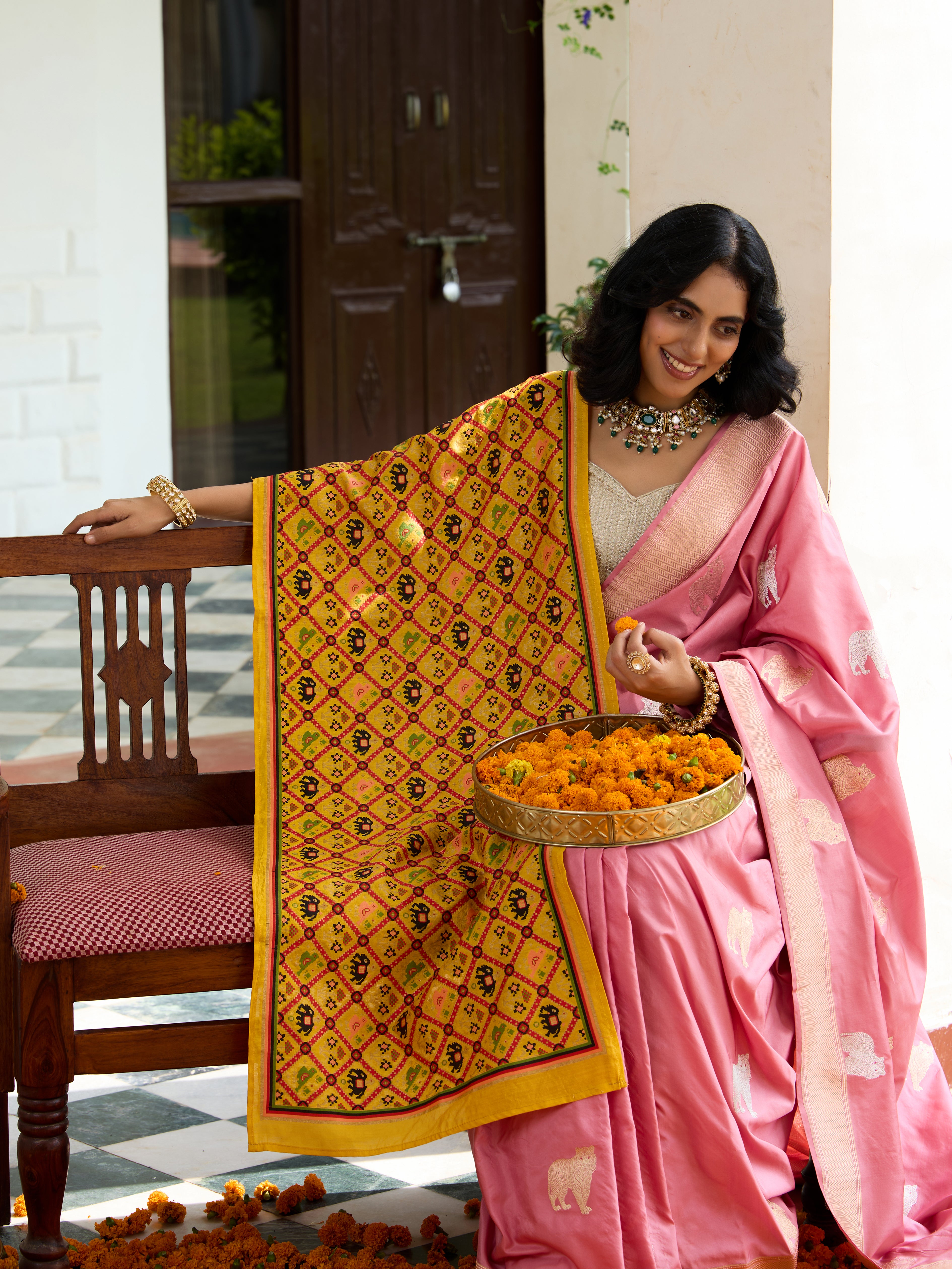 Handwoven Banarasi Katan Silk Zarmrig Kadwa Saree in Pink