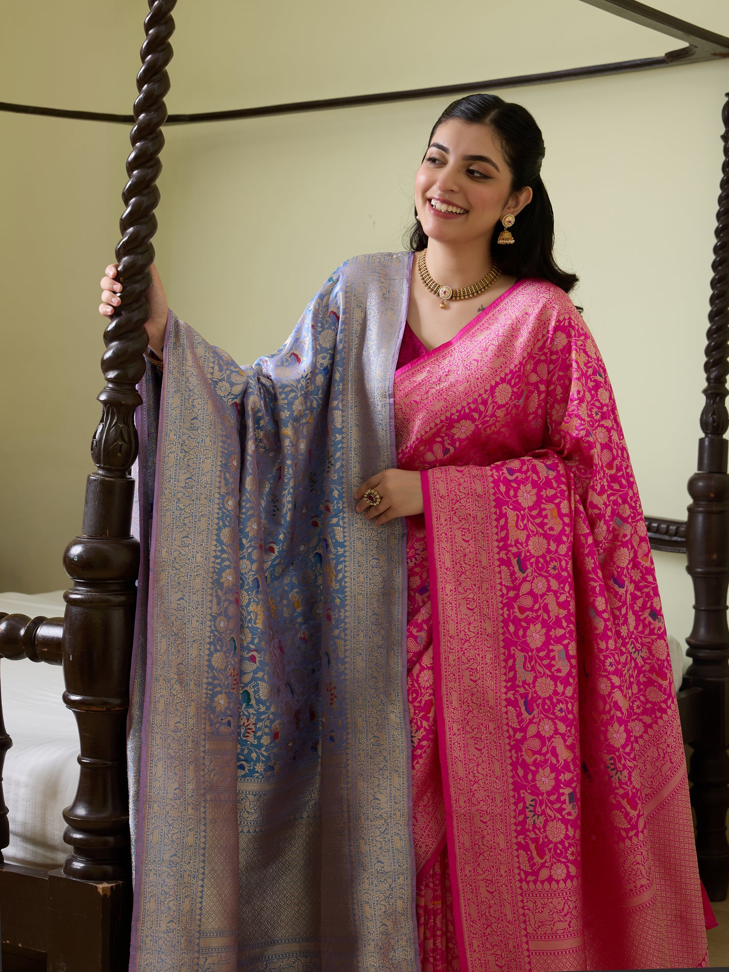 Handwoven Banarasi Katan Silk Shikargah Saree in Hot Pink