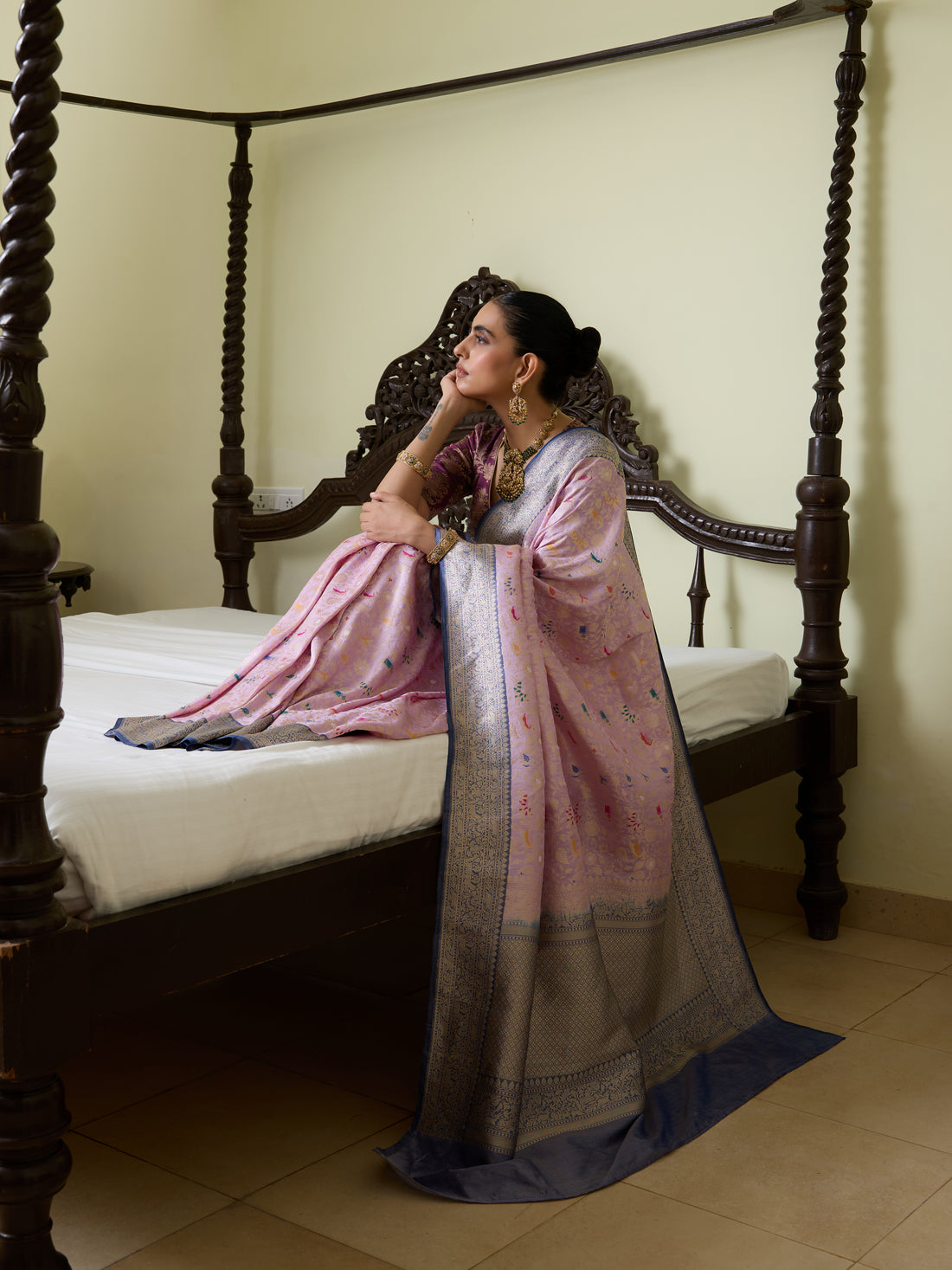 Handwoven Banarasi Katan Silk Shikargah Saree with Contrast Border in Purple