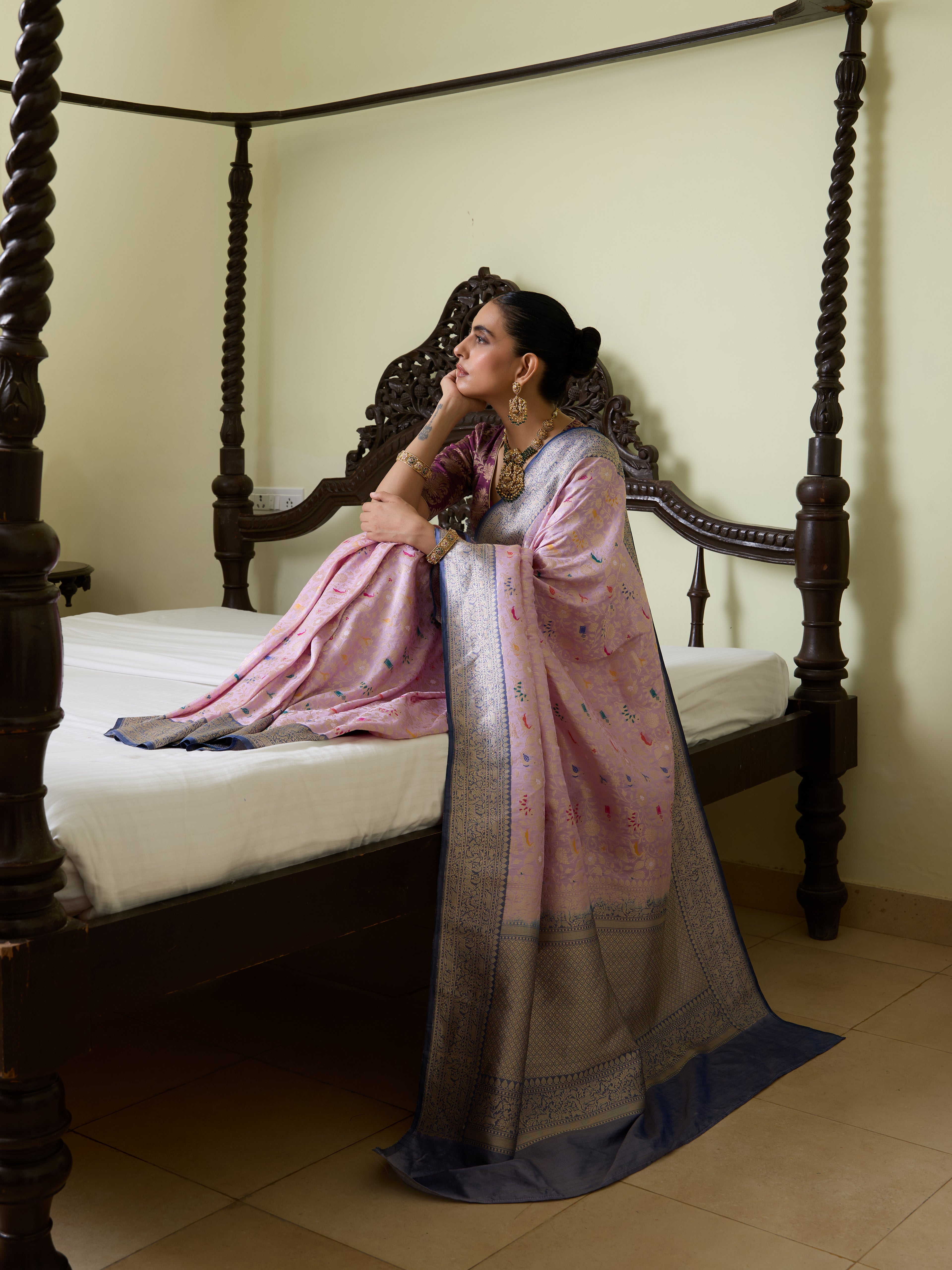 Handwoven Banarasi Katan Silk Shikargah Saree with Contrast Border in Purple