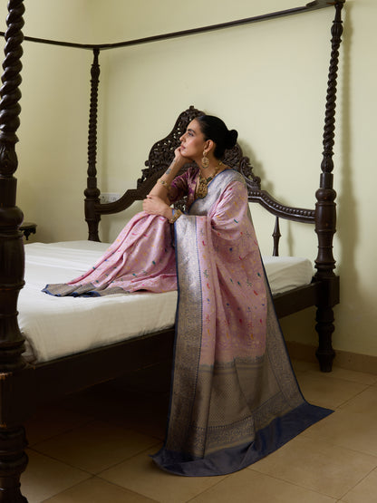 Handwoven Banarasi Katan Silk Shikargah Saree with Contrast Border in Purple