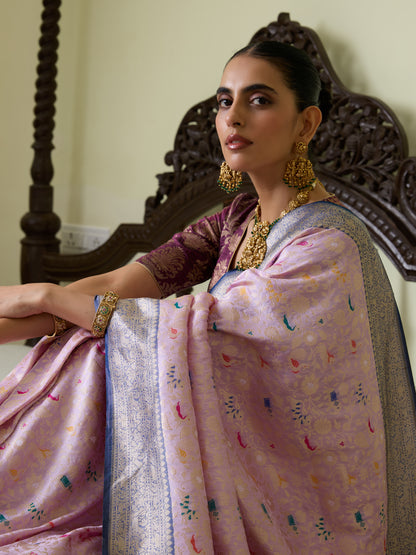Handwoven Banarasi Katan Silk Shikargah Saree with Contrast Border in Purple