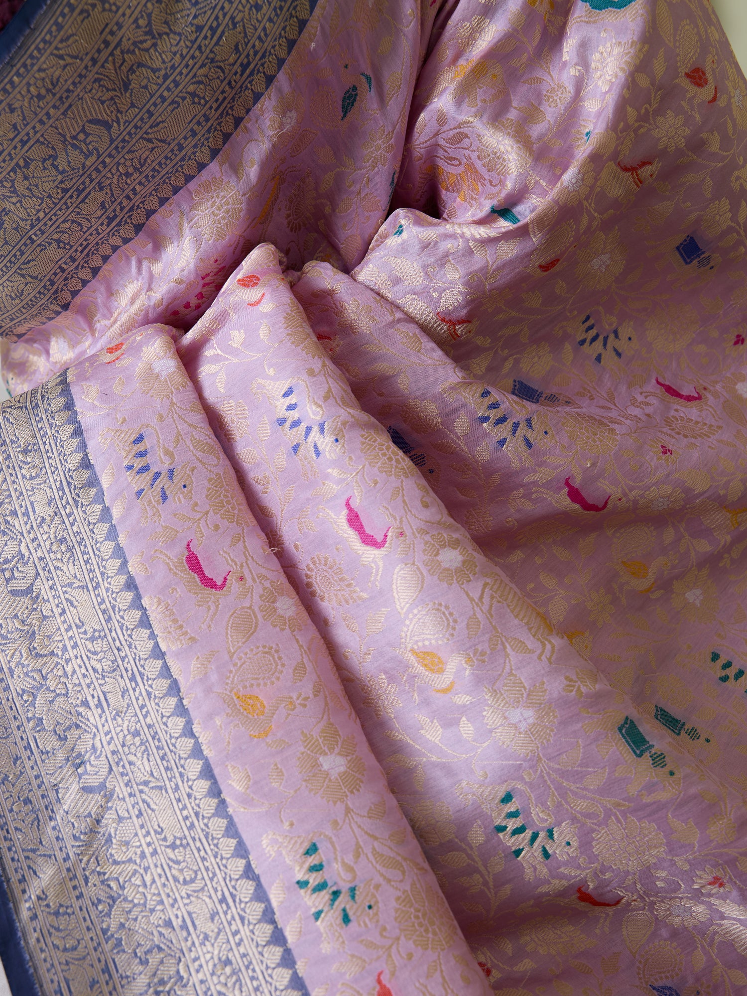 Handwoven Banarasi Katan Silk Shikargah Saree with Contrast Border in Purple