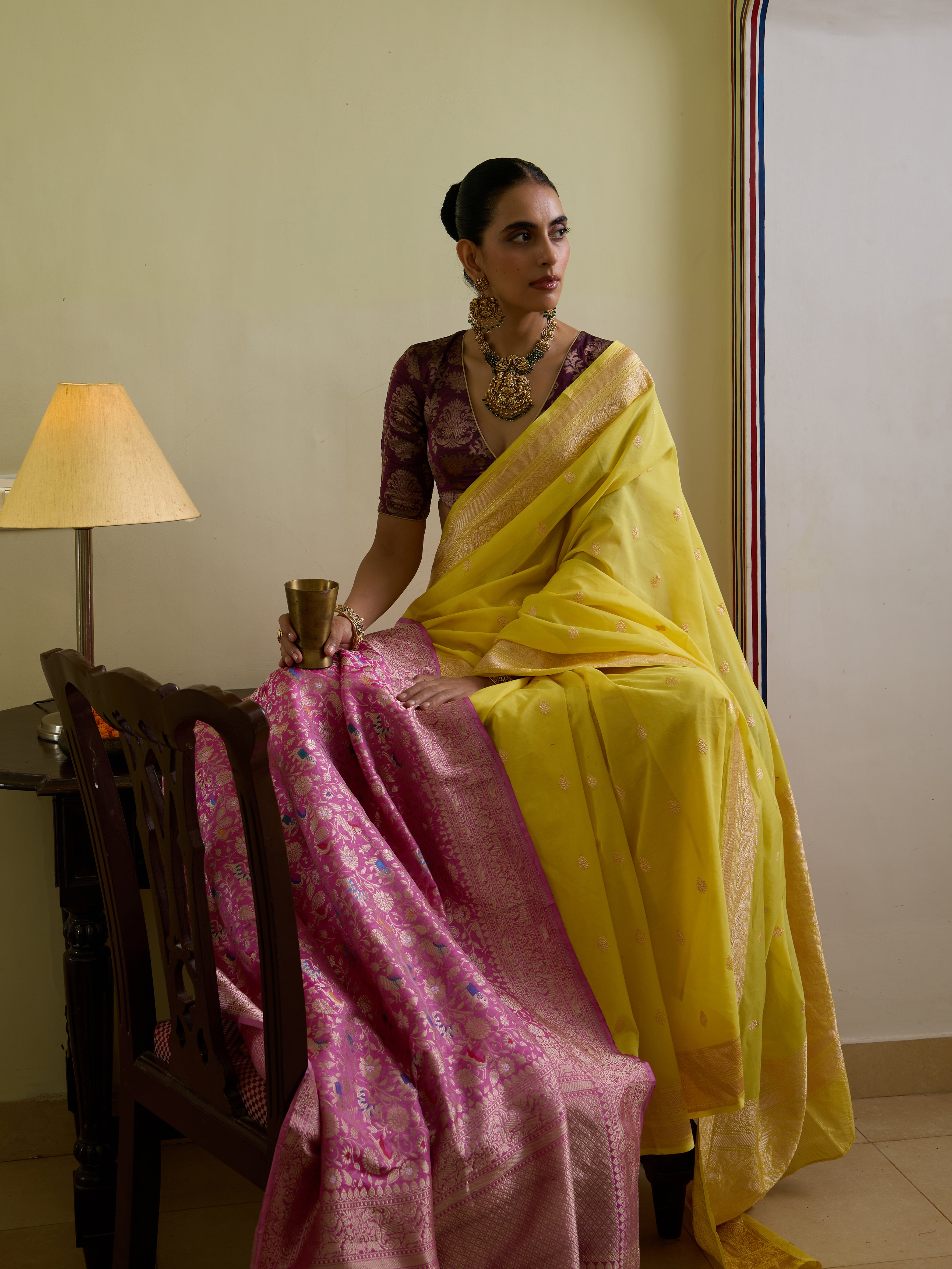Cotton Kadwa Butidar Handwoven Banarasi Saree in Lemon Yellow