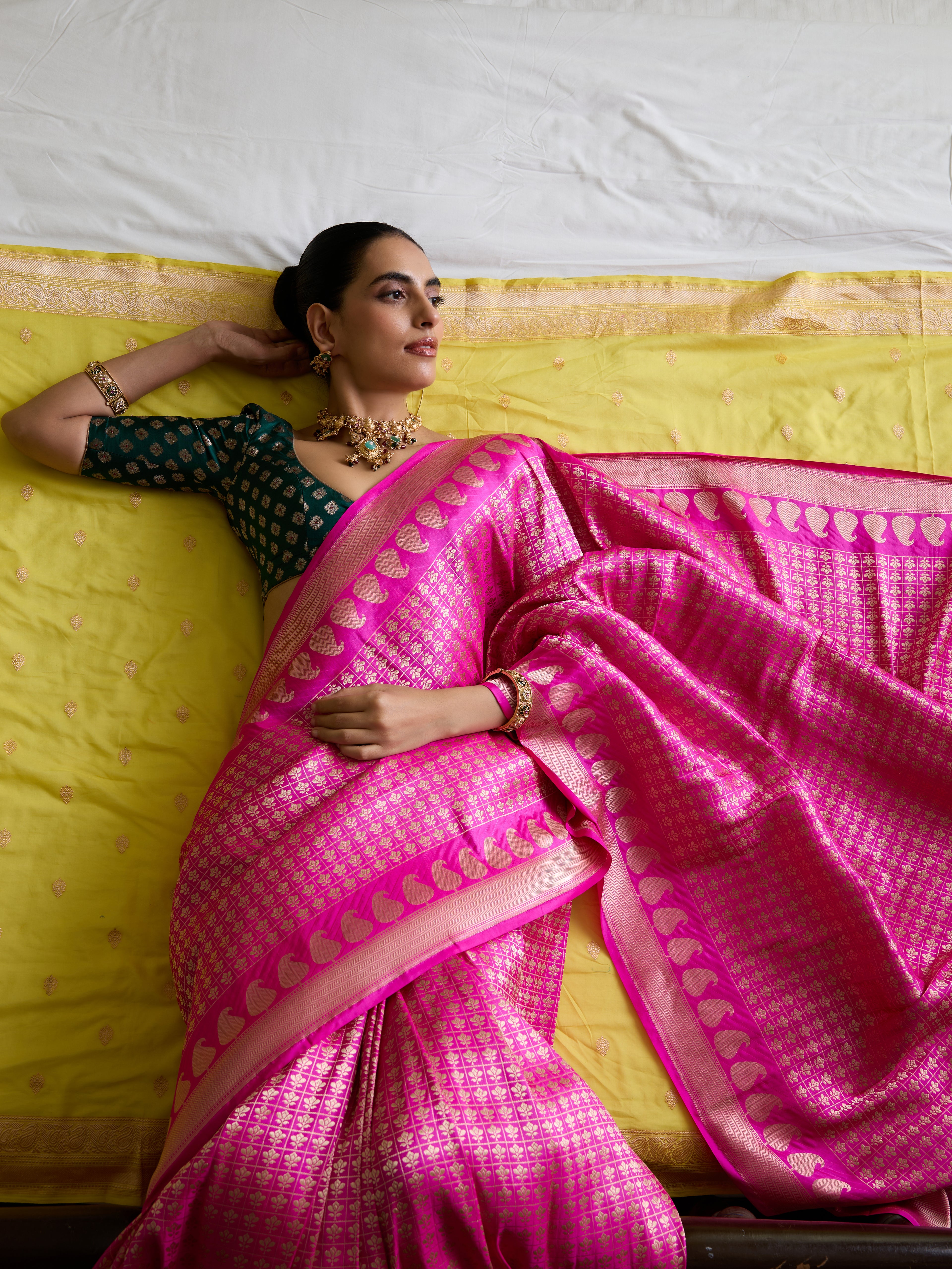 Handwoven Banarasi Katan Silk Brocade Saree with Konya Pallu in Pink
