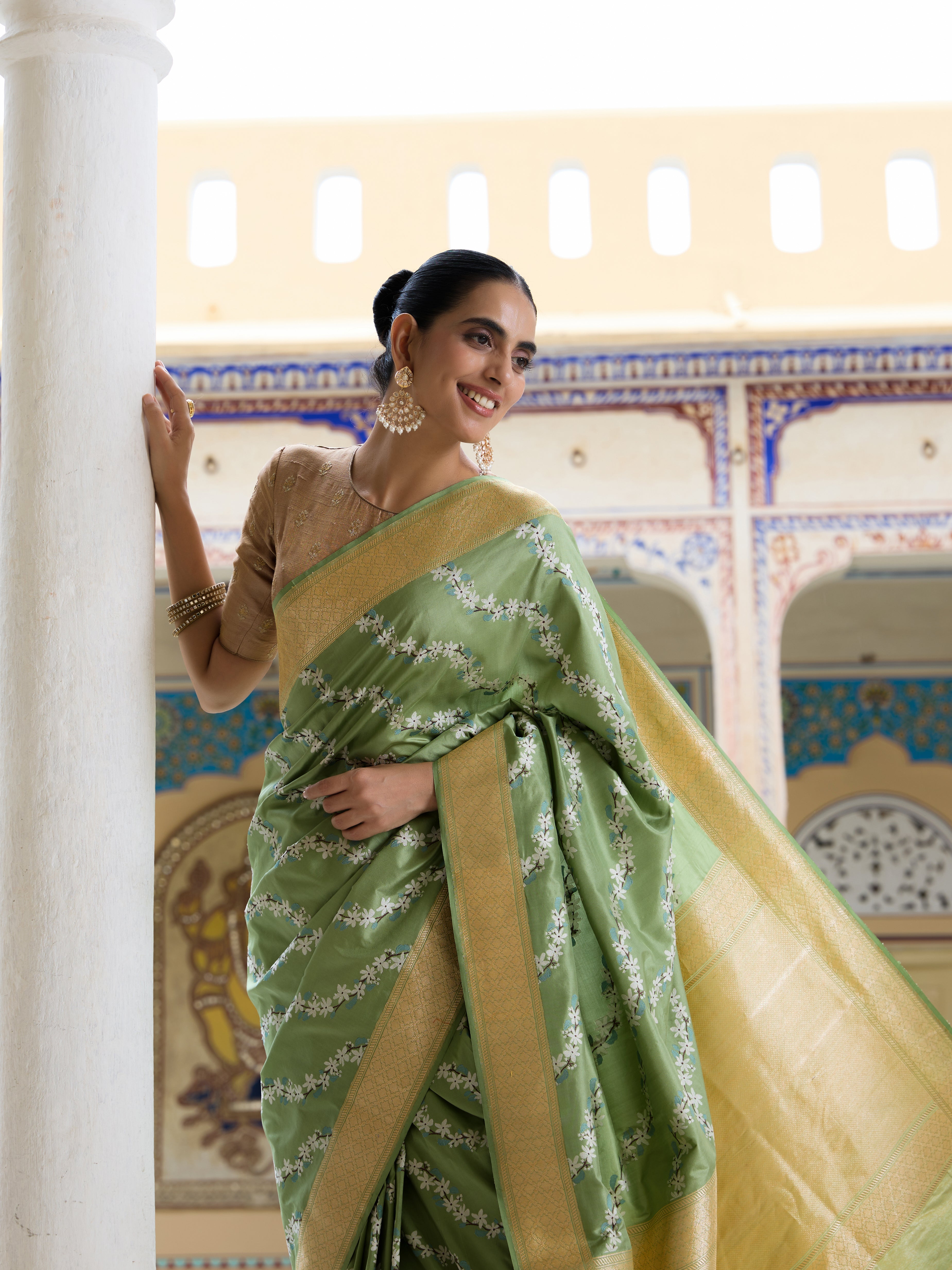 Katan Silk Kadwa Chameli Bel Handwoven Banarasi Saree in Sage Green