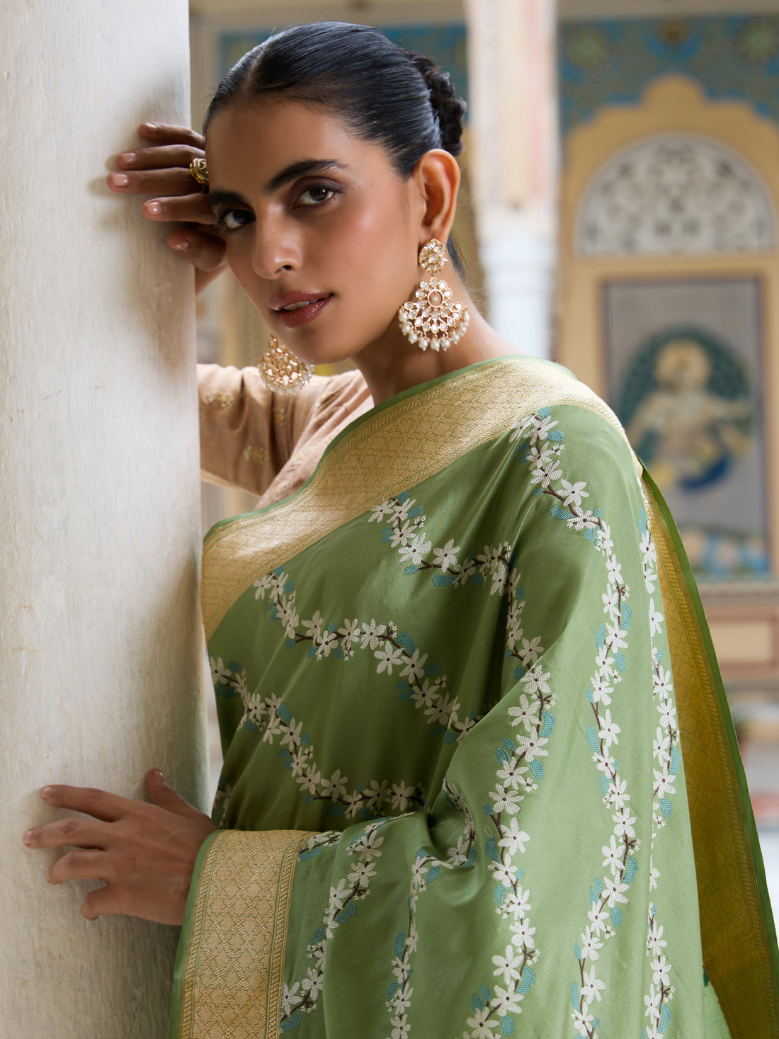 Katan Silk Kadwa Chameli Bel Handwoven Banarasi Saree in Sage Green