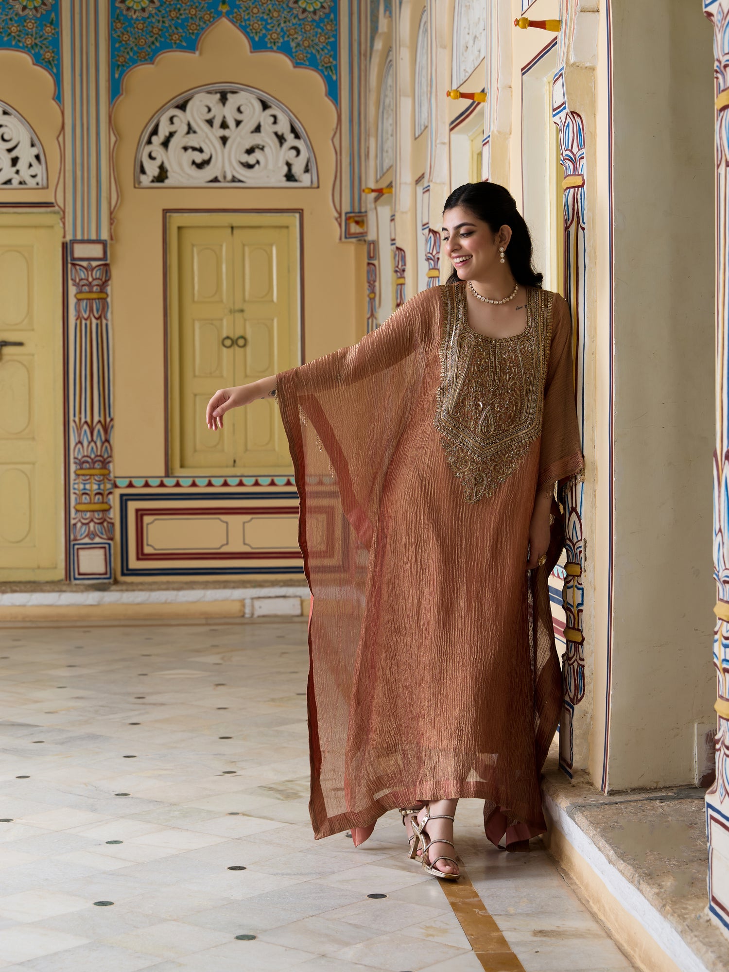 Stitched Crushed Tissue Silk Embroidered Kaftan