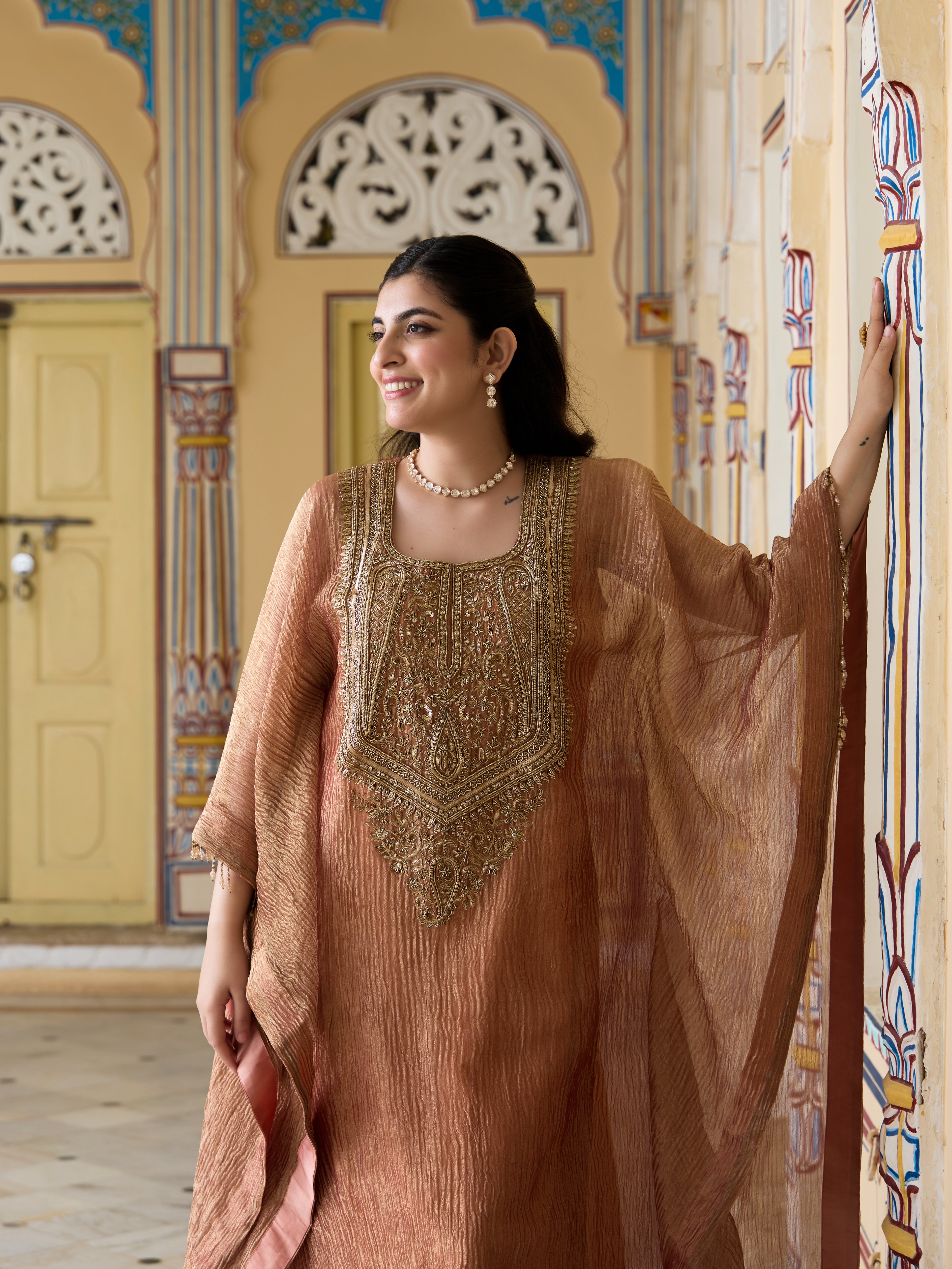 Stitched Crushed Tissue Silk Embroidered Kaftan