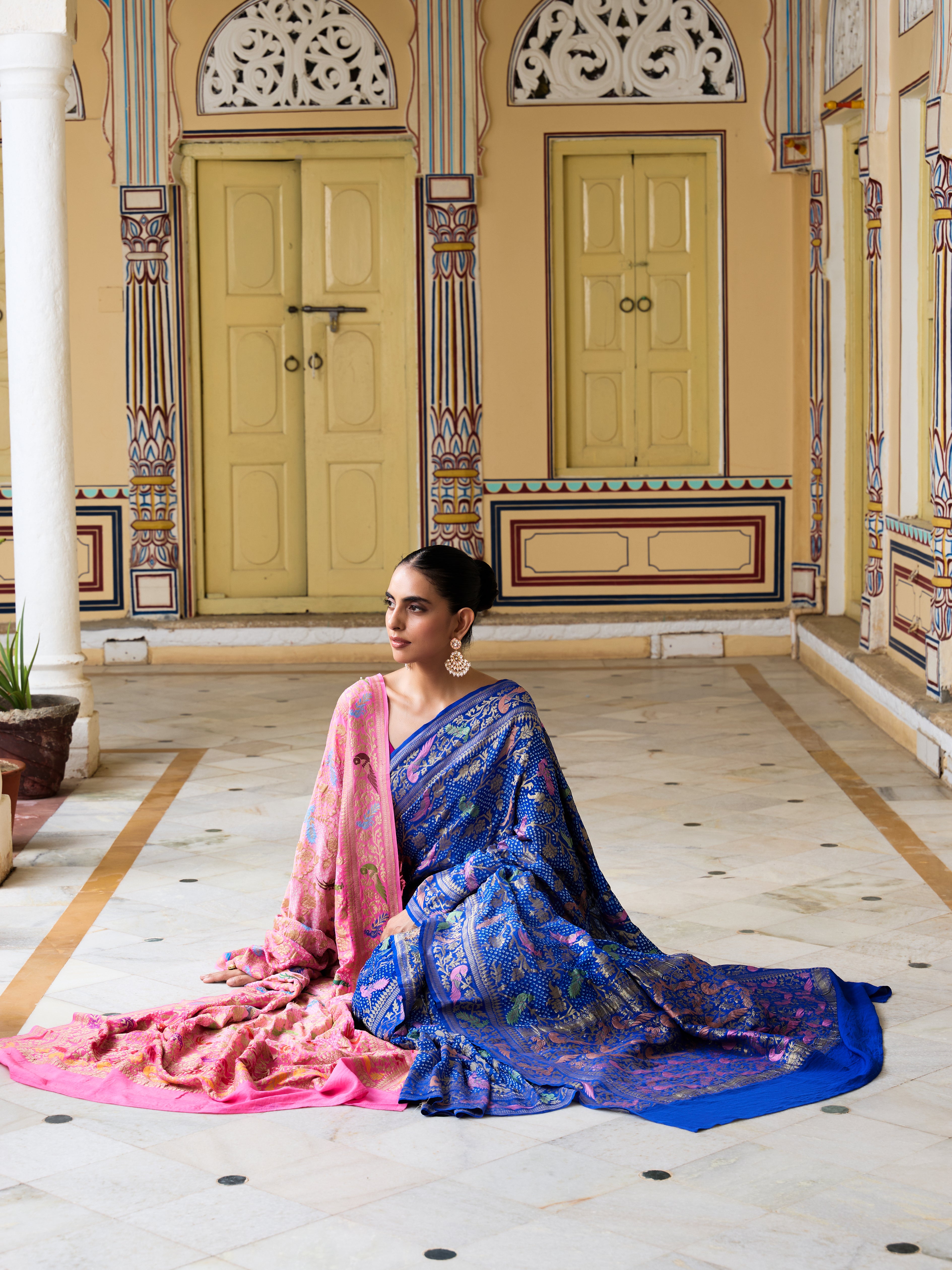 Banarasi Georgette Birds Bandhani Saree in Blue