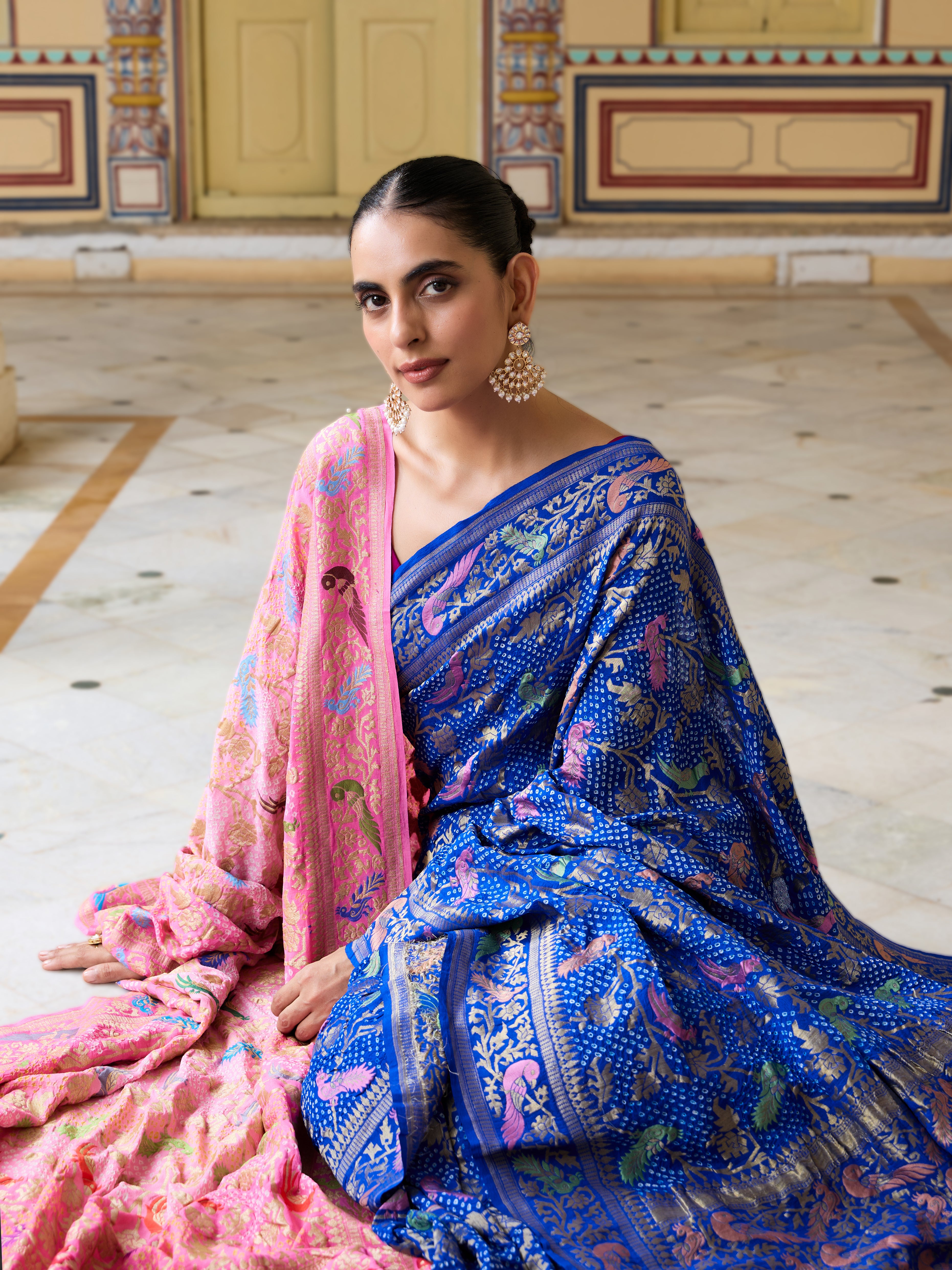 Banarasi Georgette Birds Bandhani Saree in Blue