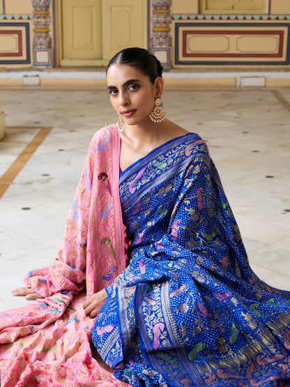 Banarasi Georgette Birds Bandhani Saree in Blue