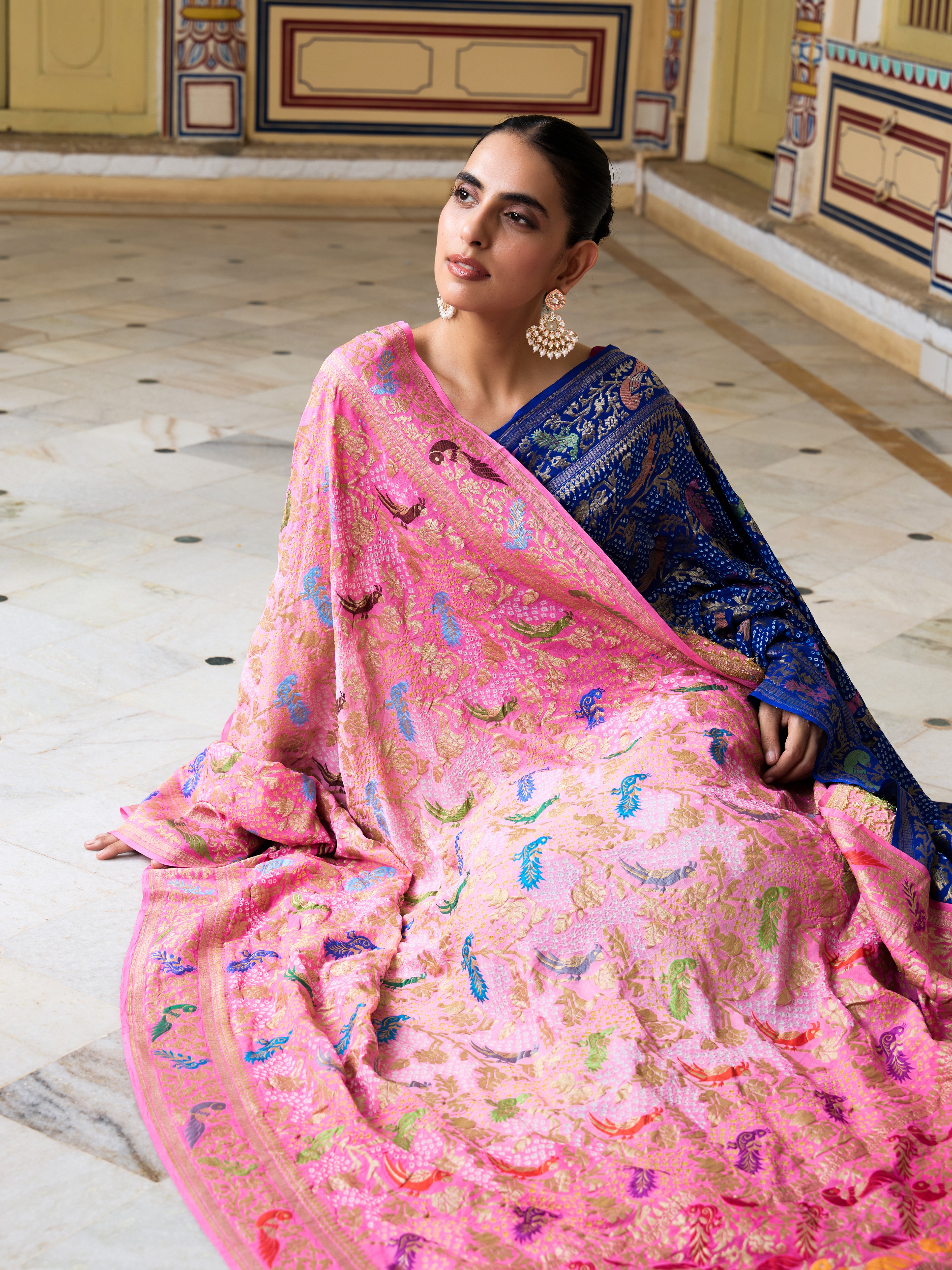 Banarasi Bandhani Georgette Shikargah Dupatta in Baby Pink