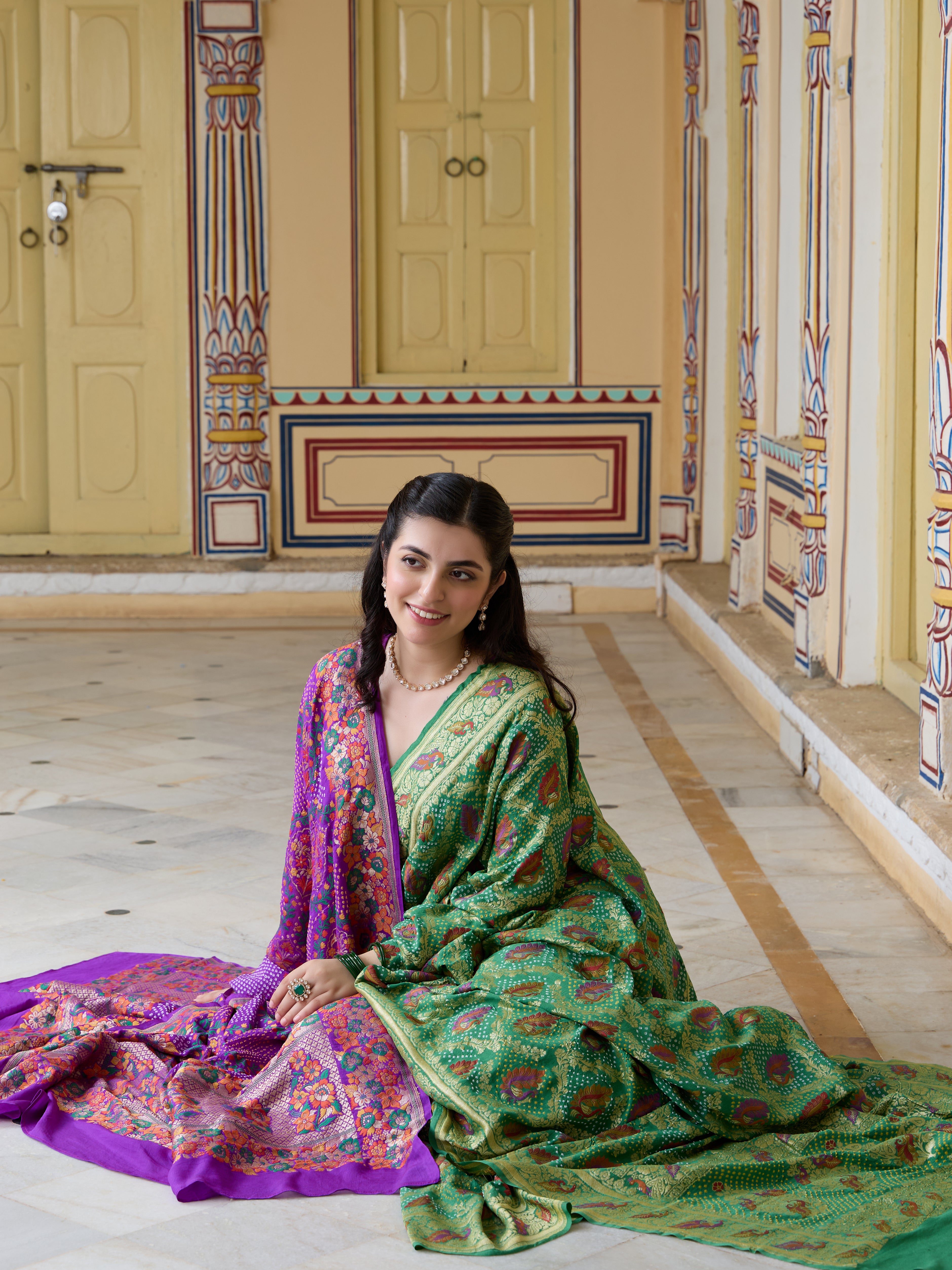 Banarasi Georgette Bandhani Meenakari Saree in Emerald Green