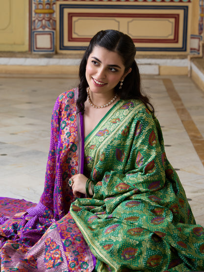 Banarasi Georgette Bandhani Meenakari Saree in Emerald Green
