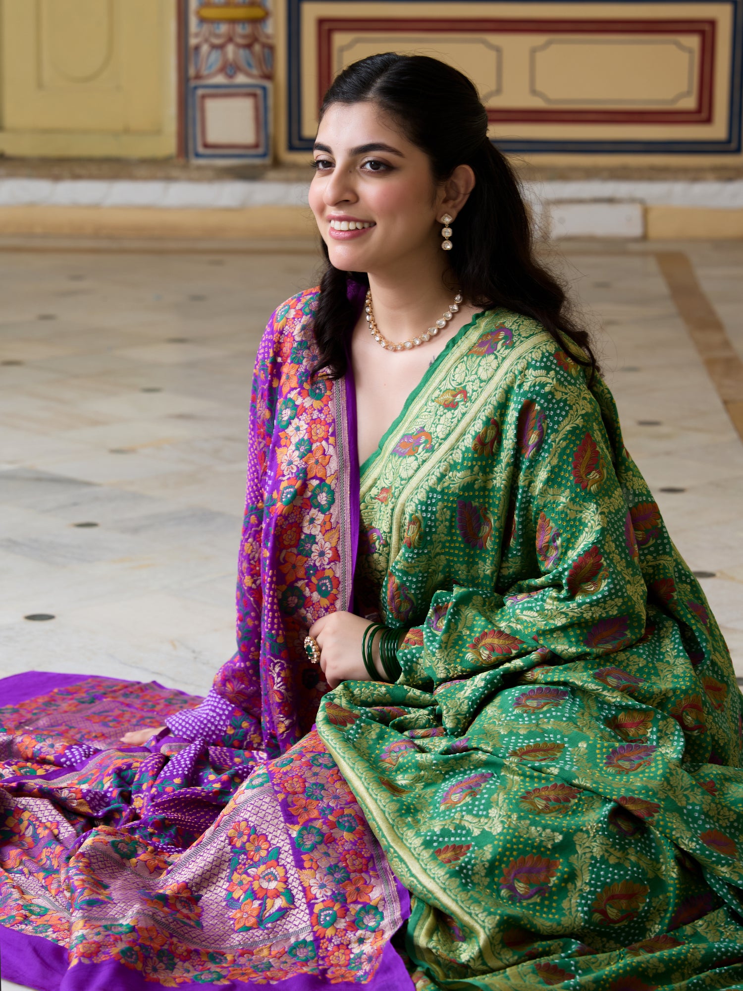 Banarasi Georgette Bandhani Meenakari Saree in Emerald Green
