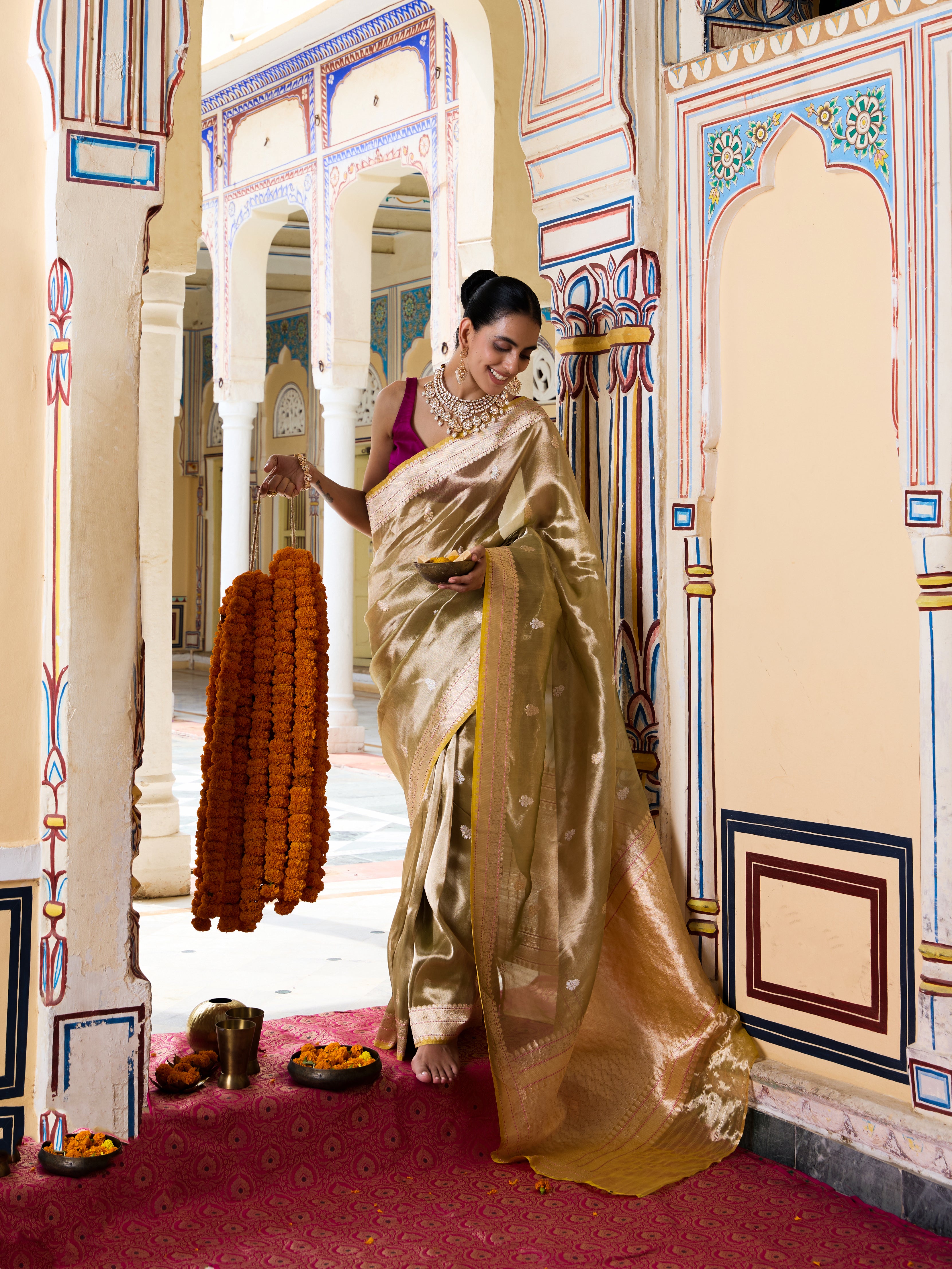 Handwoven Banarasi Tissue Silk Saree in Champagne Gold - Aab