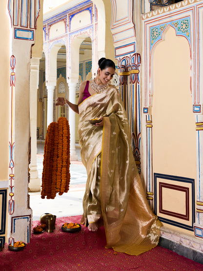 Handwoven Banarasi Tissue Silk Saree in Champagne Gold - Aab