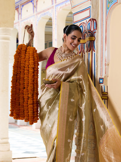 Handwoven Banarasi Tissue Silk Saree in Champagne Gold - Aab