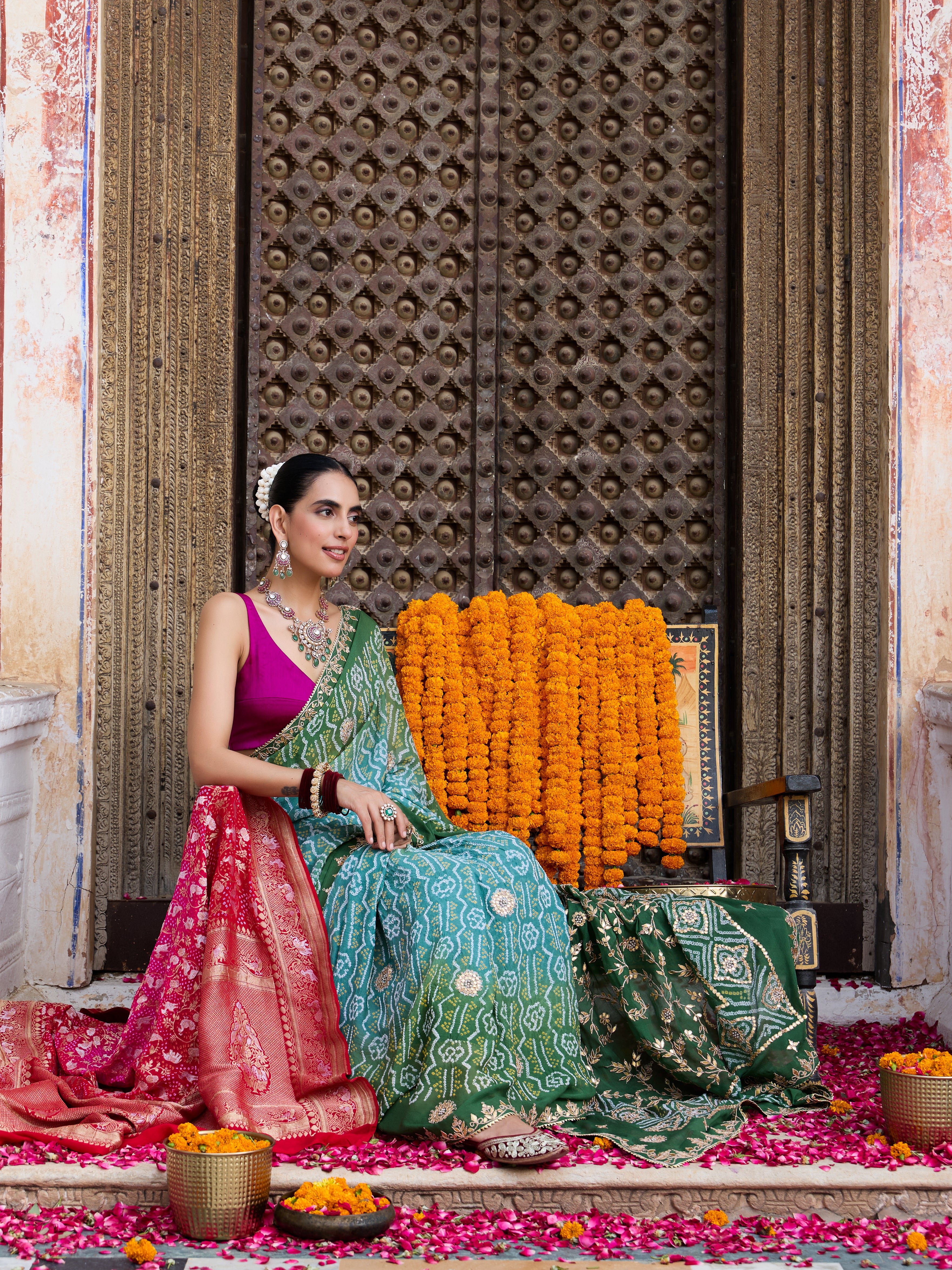Banarasi Georgette Bandhani Saree with Gotta Patti in Peacock Green
