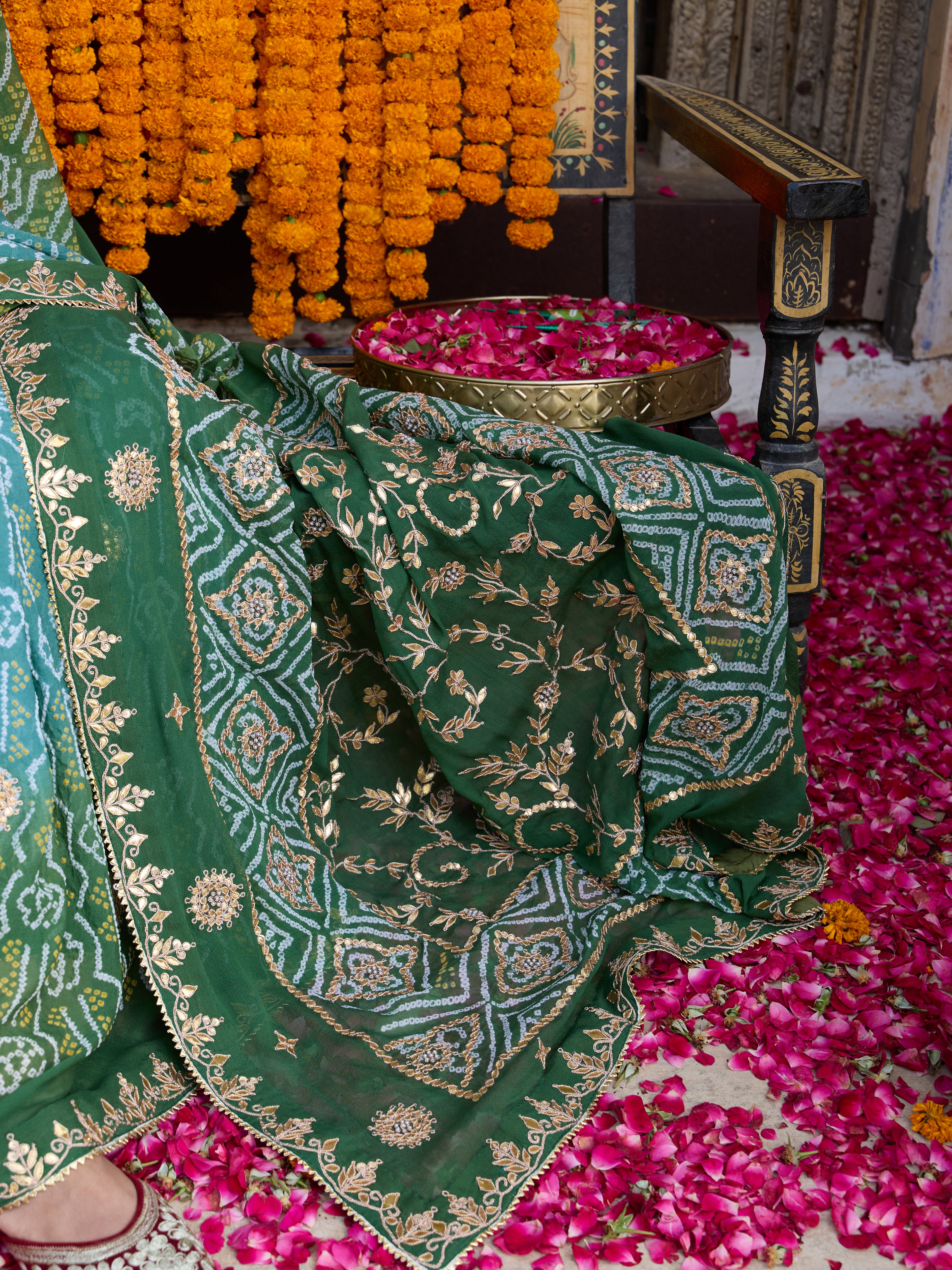 Banarasi Georgette Bandhani Saree with Gotta Patti in Peacock Green