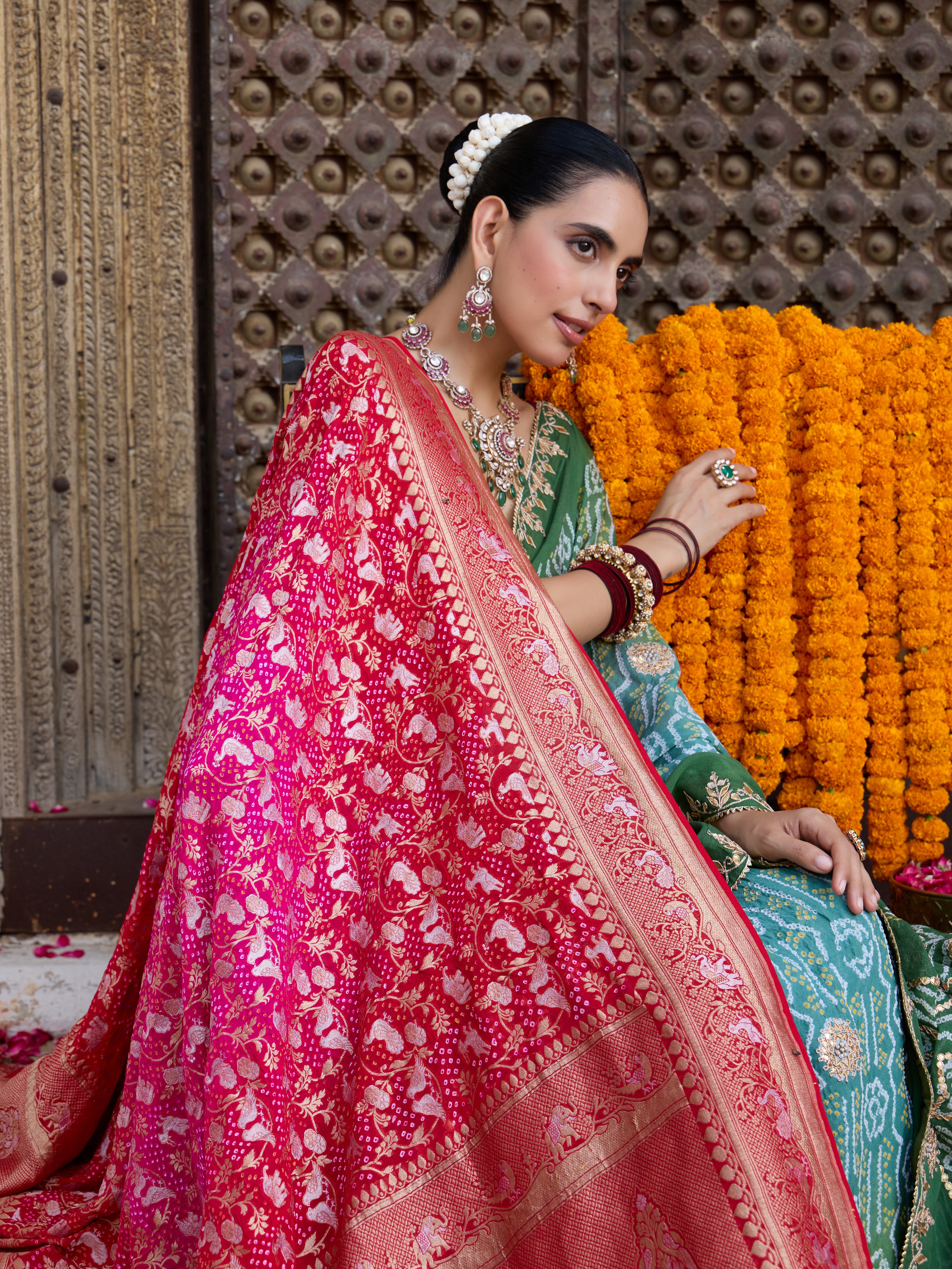 Banarasi Bandhani Georgette Shikargah Dupatta in Red &amp; Pink