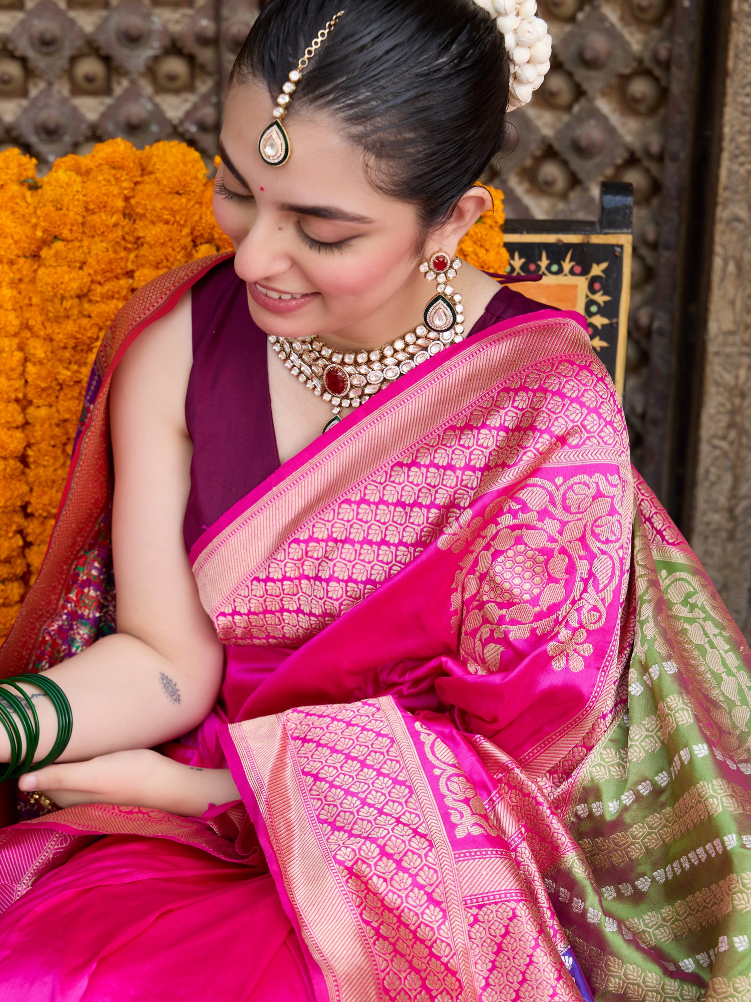 Handwoven Banarasi Katan Silk Chauki Rangkat Saree in Pink