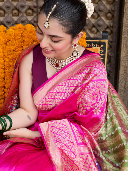 Handwoven Banarasi Katan Silk Chauki Rangkat Saree in Pink